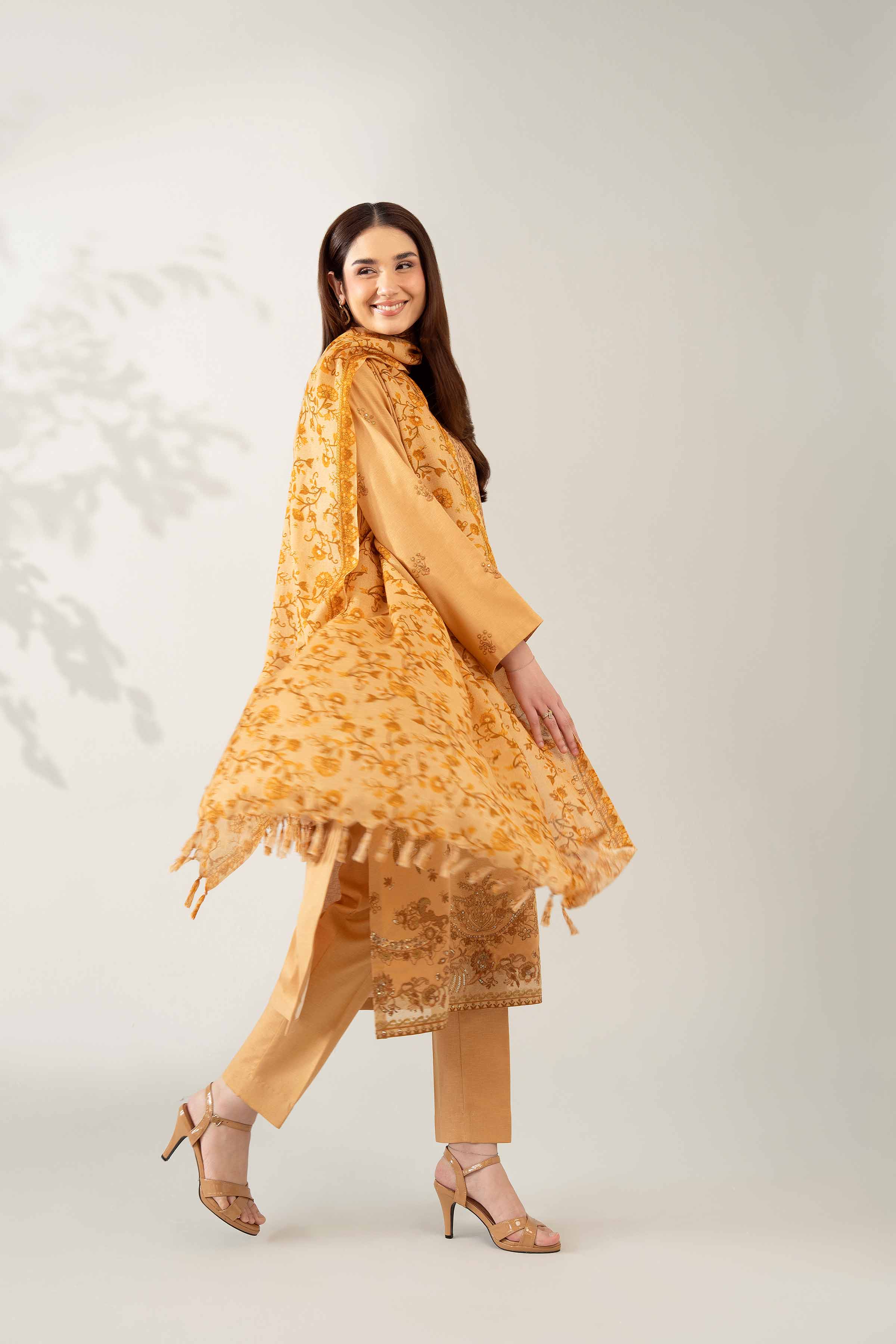 NISHATUAE - Ochre Embroidered Karandi 3-piece Unstitched Suit