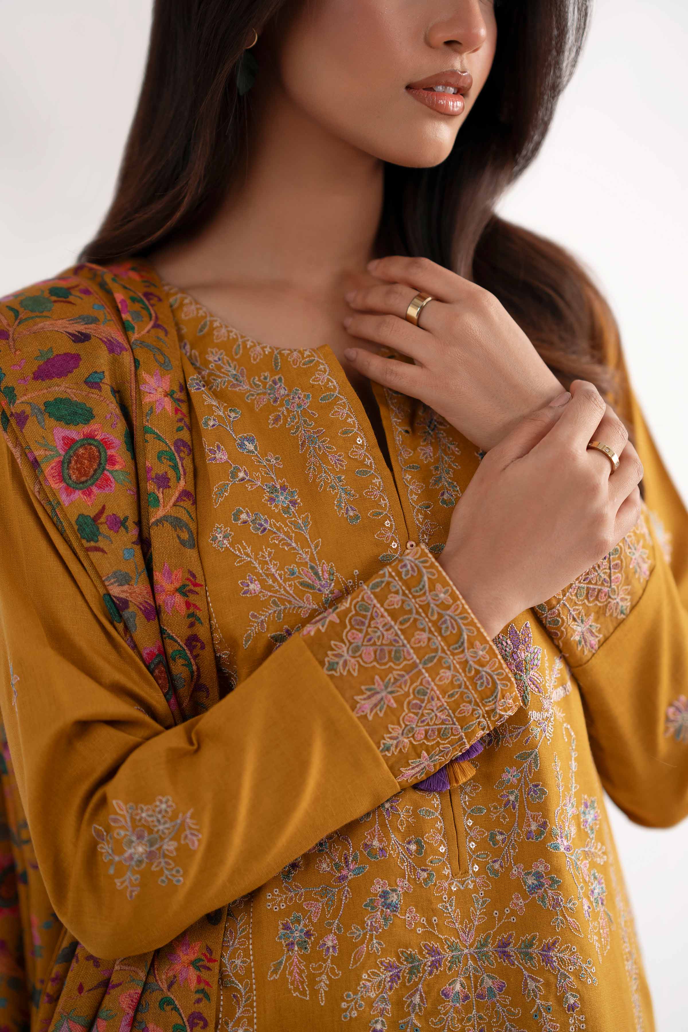 NISHATUAE - Mustard Embroidered Karandi 3-piece Unstitched Suit