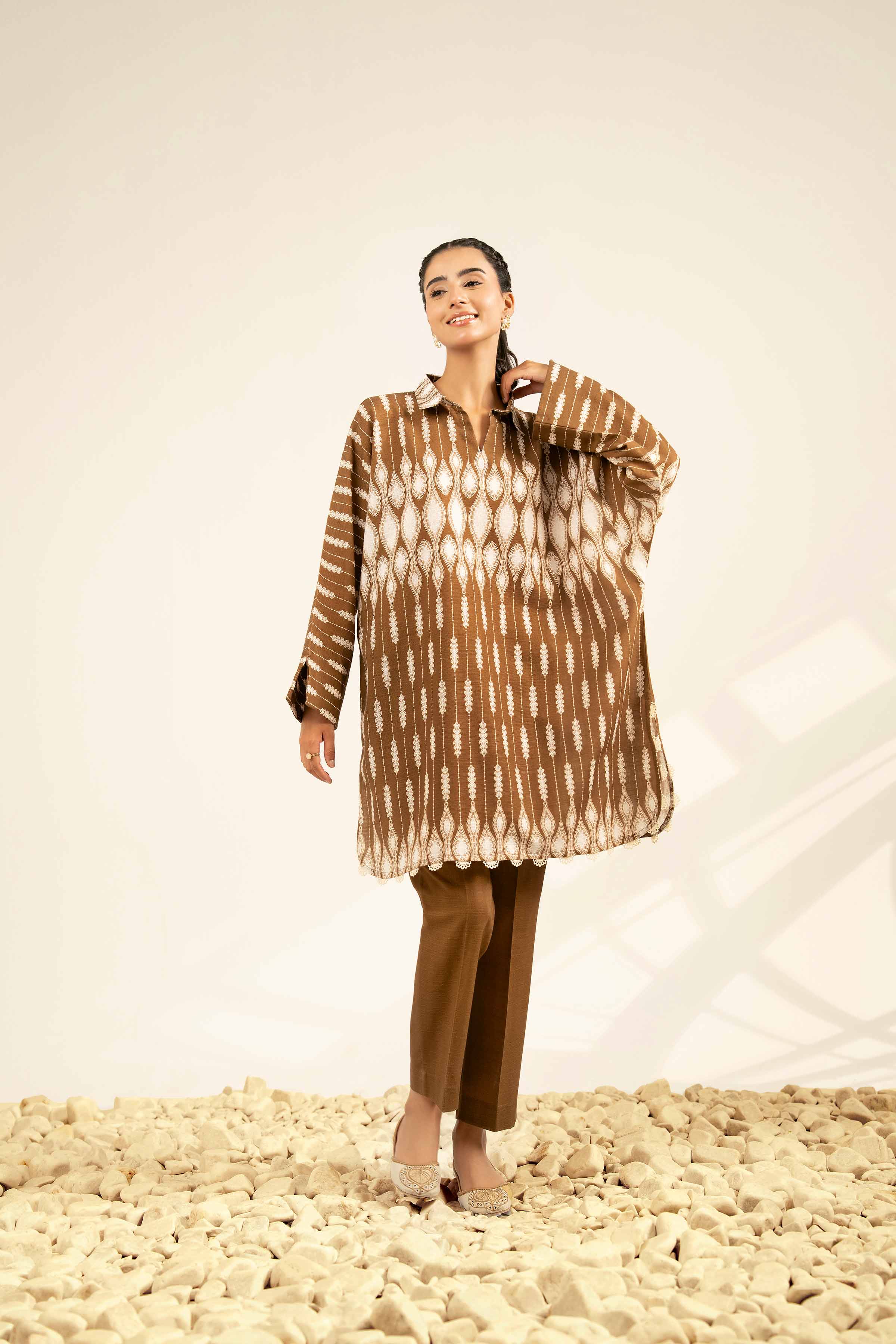 NISHATUAE - Brown Printed Khaddar 2-piece Unstitched Dress