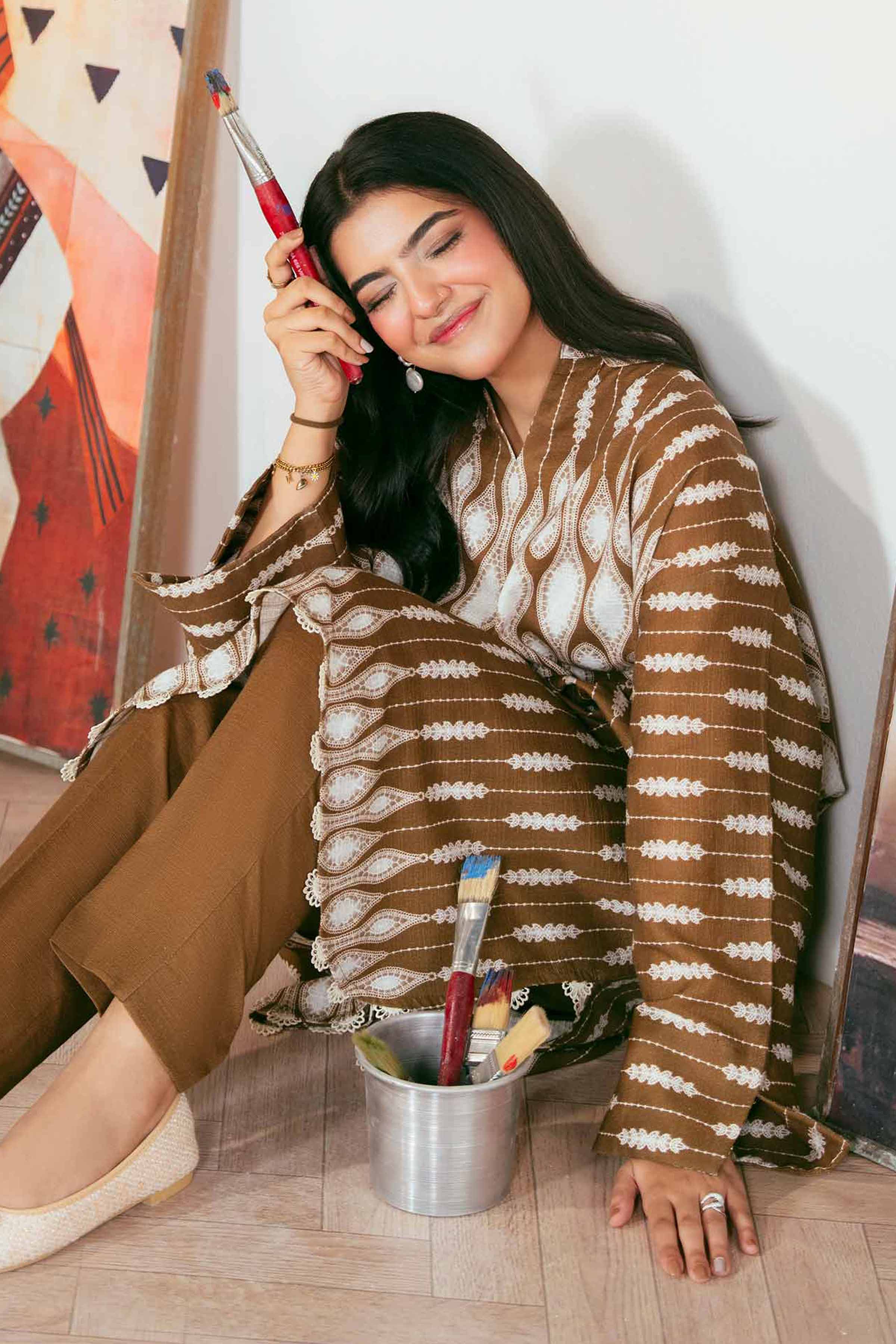 NISHATUAE - Brown Printed Khaddar 2-piece Unstitched Dress