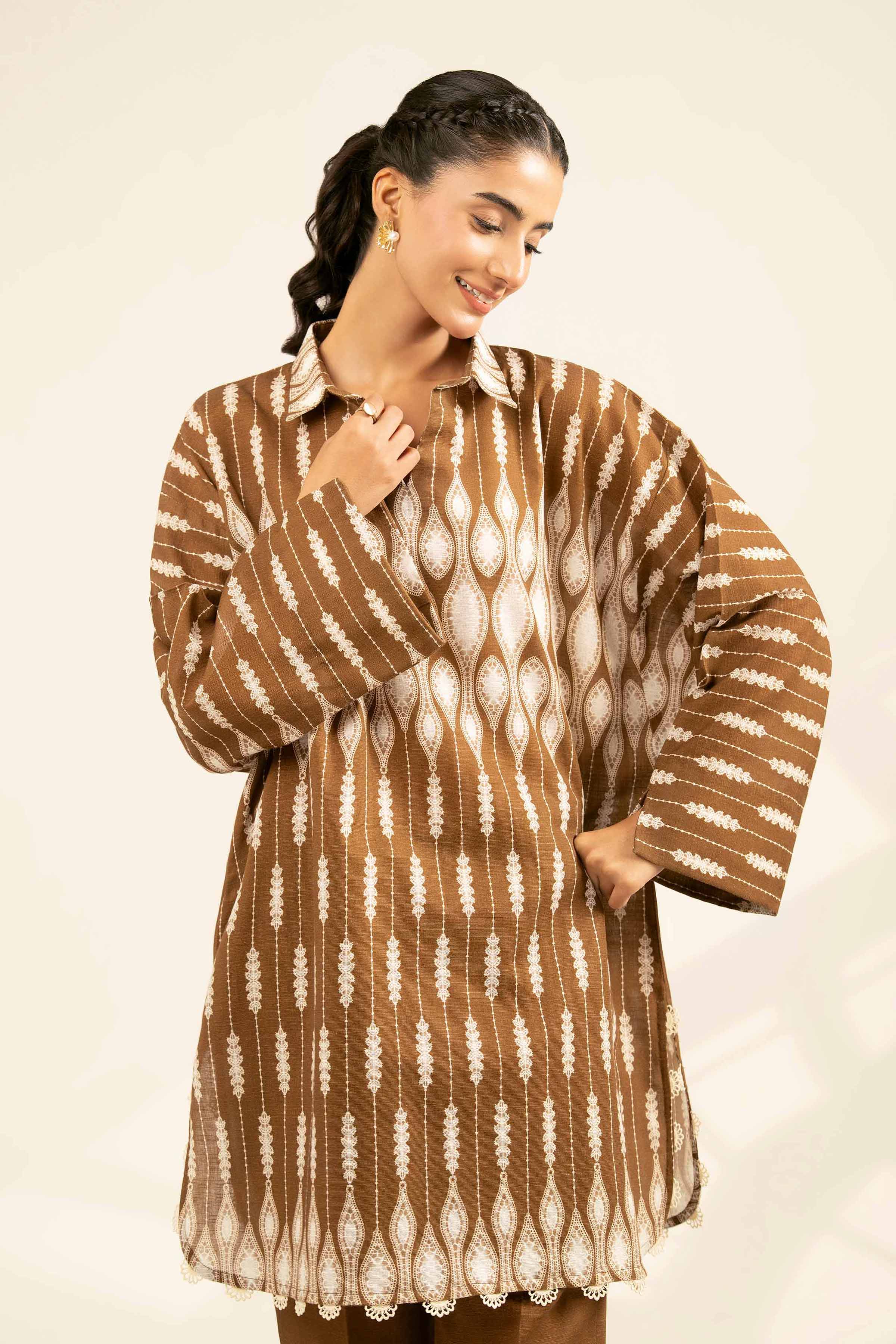 NISHATUAE - Brown Printed Khaddar 2-piece Unstitched Dress