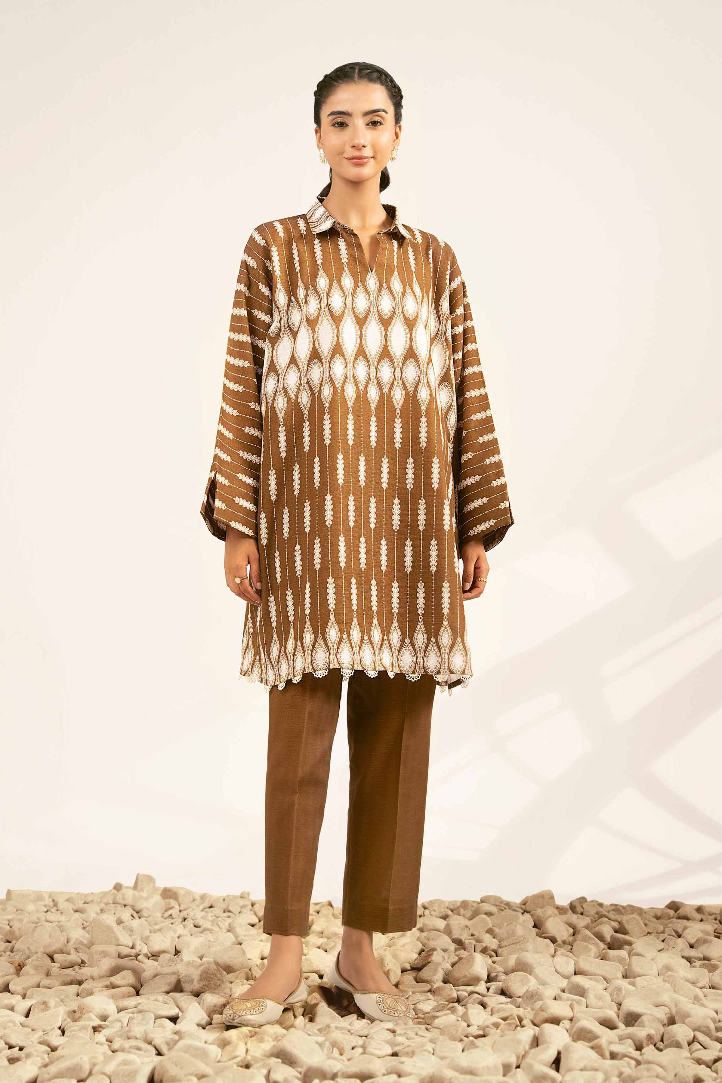 NISHATUAE - Brown Printed Khaddar 2-piece Unstitched Dress