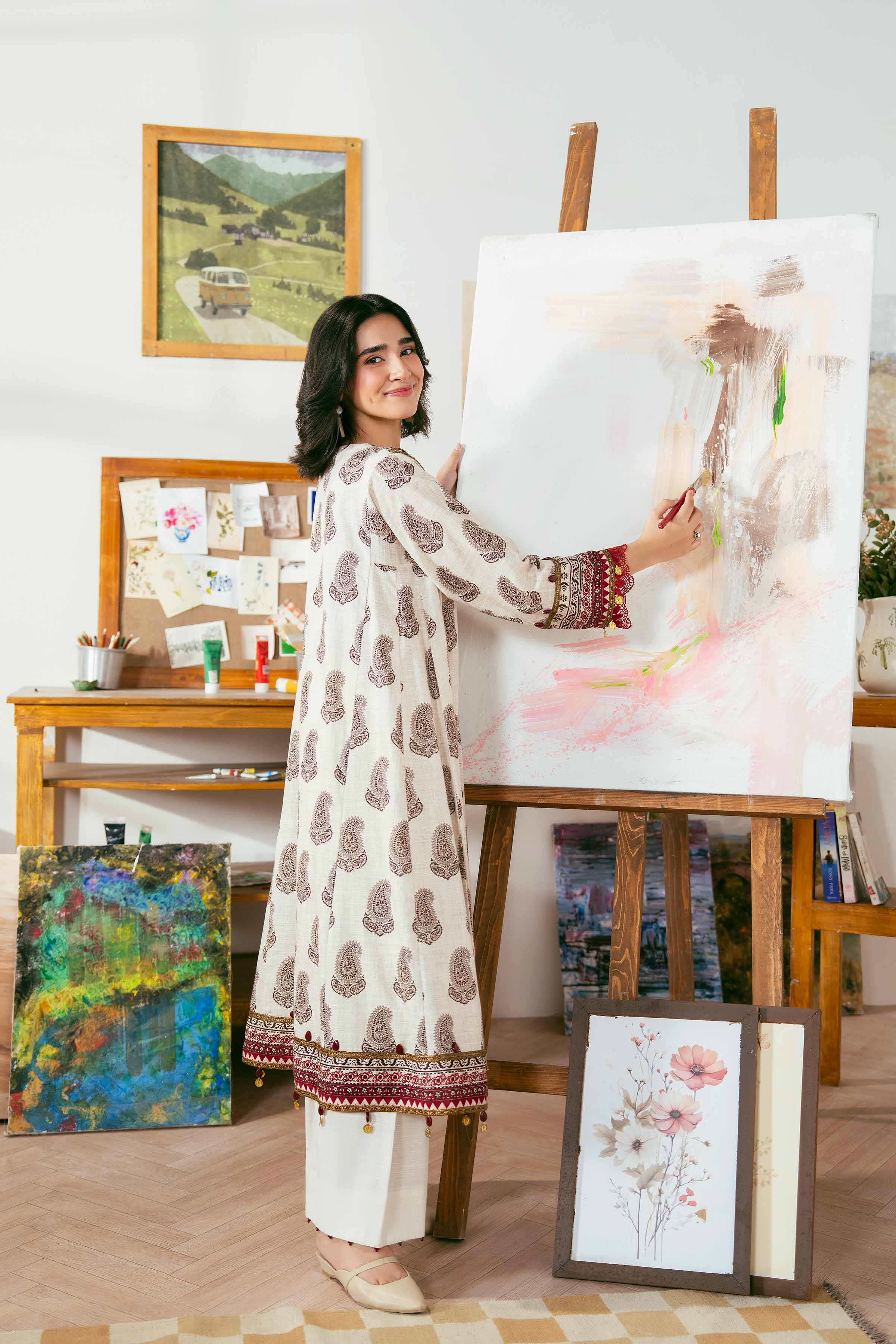 NISHATUAE - Off White Printed Khaddar 2-piece Unstitched Dress