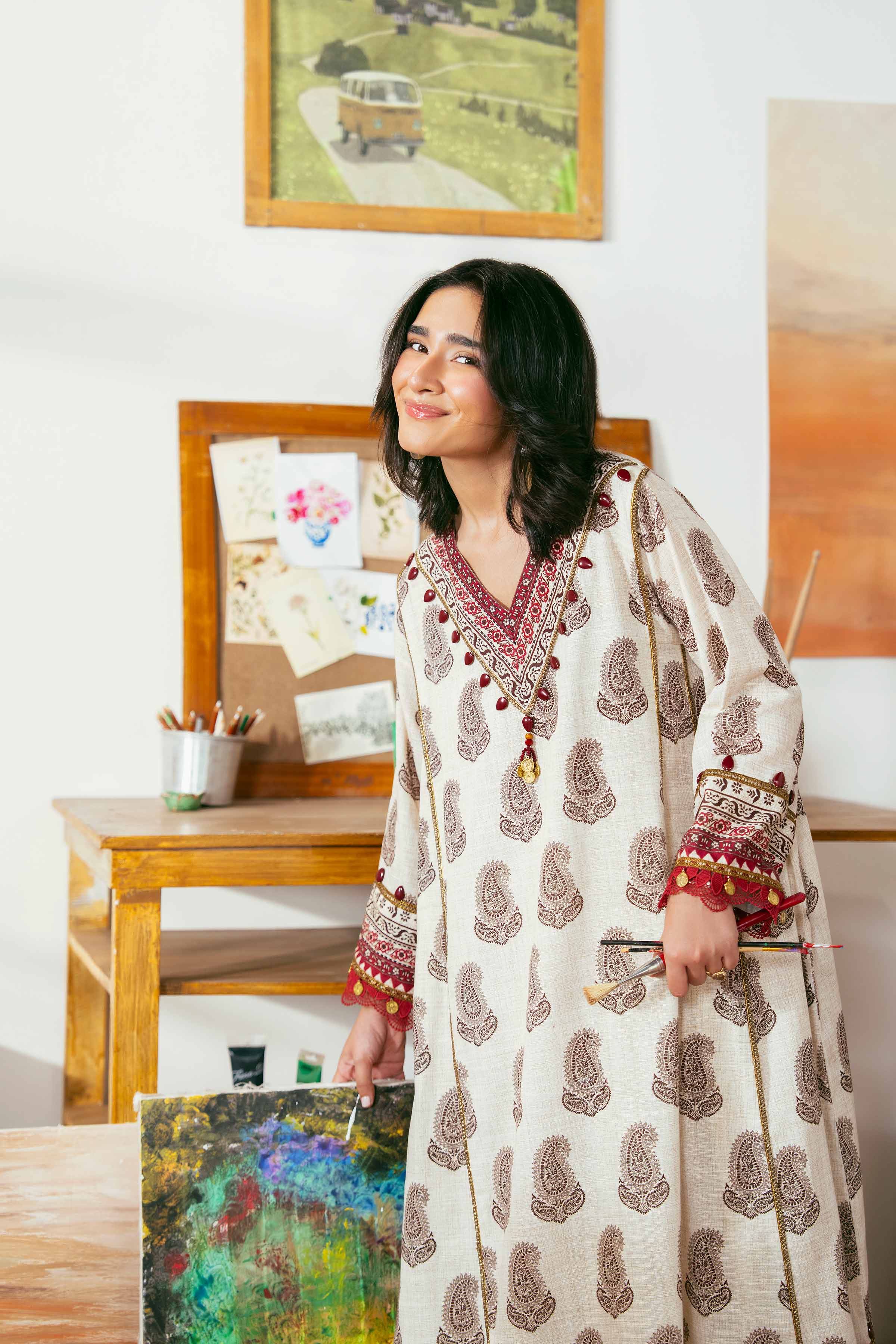 NISHATUAE - Off White Printed Khaddar 2-piece Unstitched Dress
