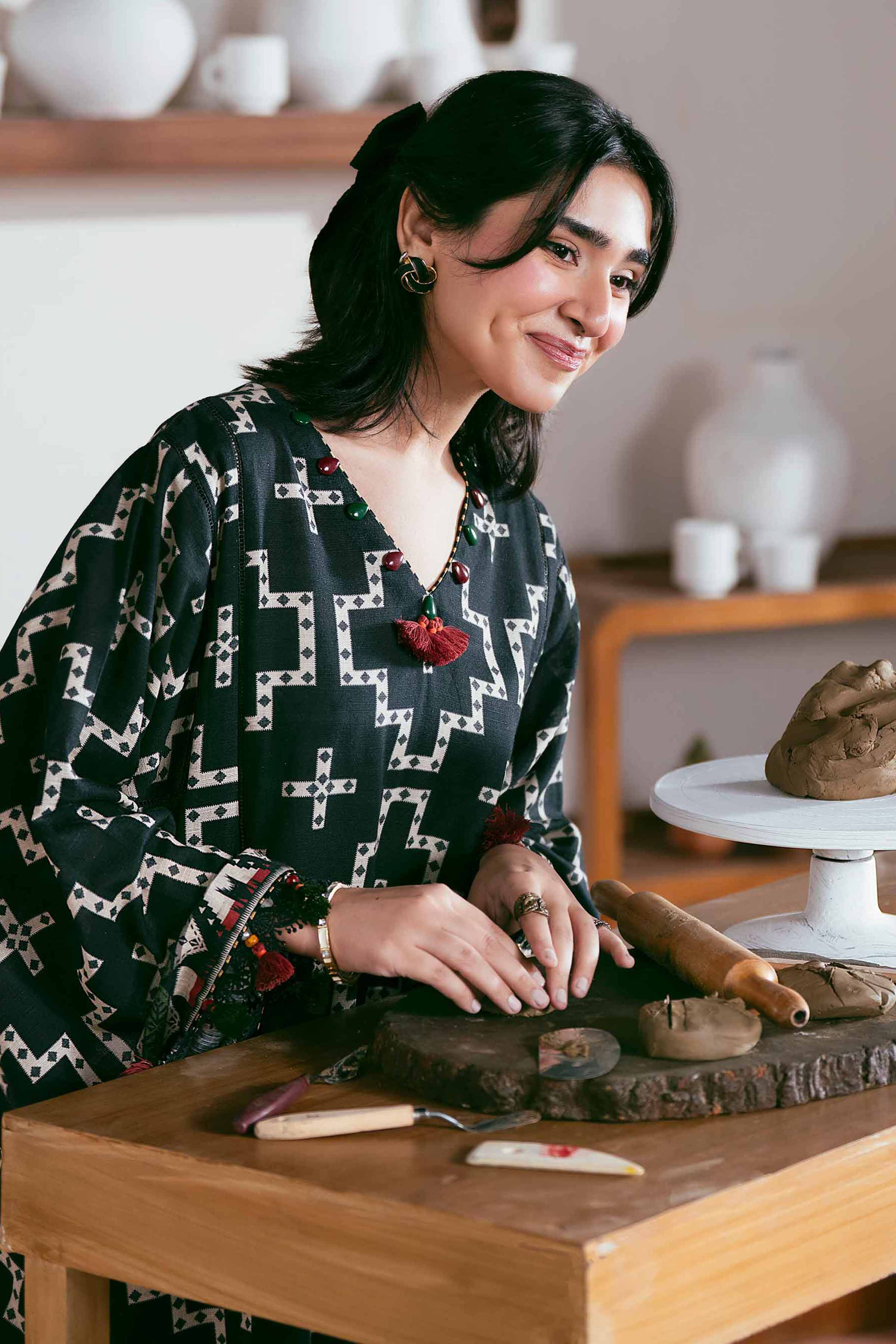 NISHATUAE - Black Printed Khaddar 2-piece Unstitched Dress
