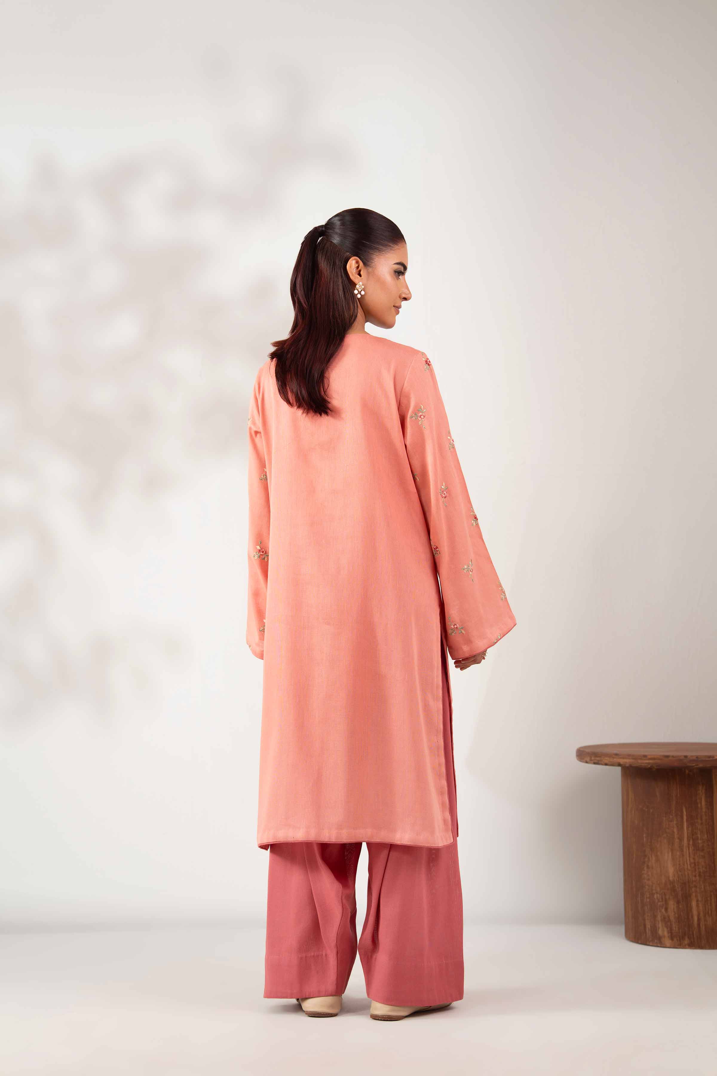 NISHATUAE - Peach Embroidered Khaddar 2-piece Unstitched Dress