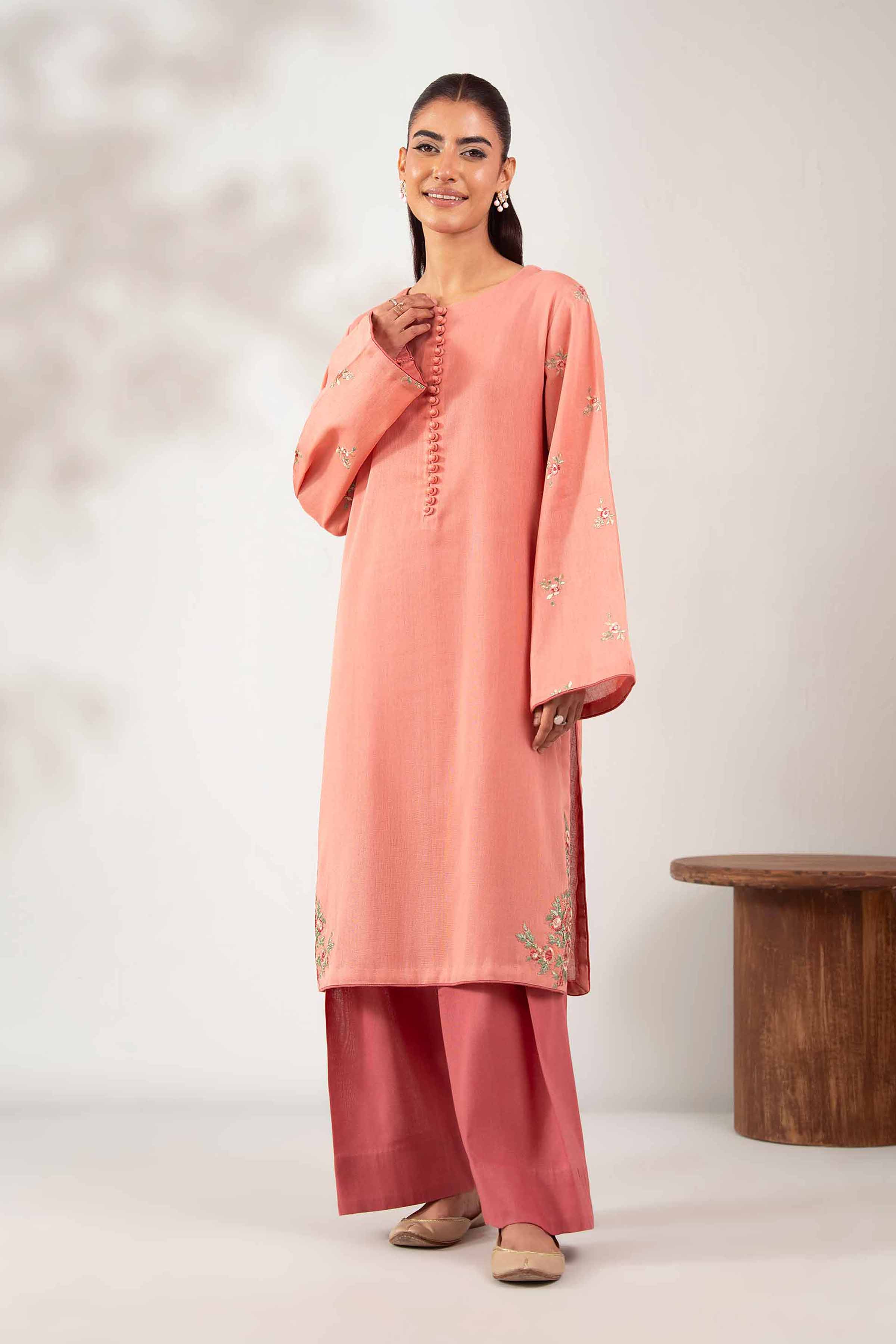 NISHATUAE - Peach Embroidered Khaddar 2-piece Unstitched Dress