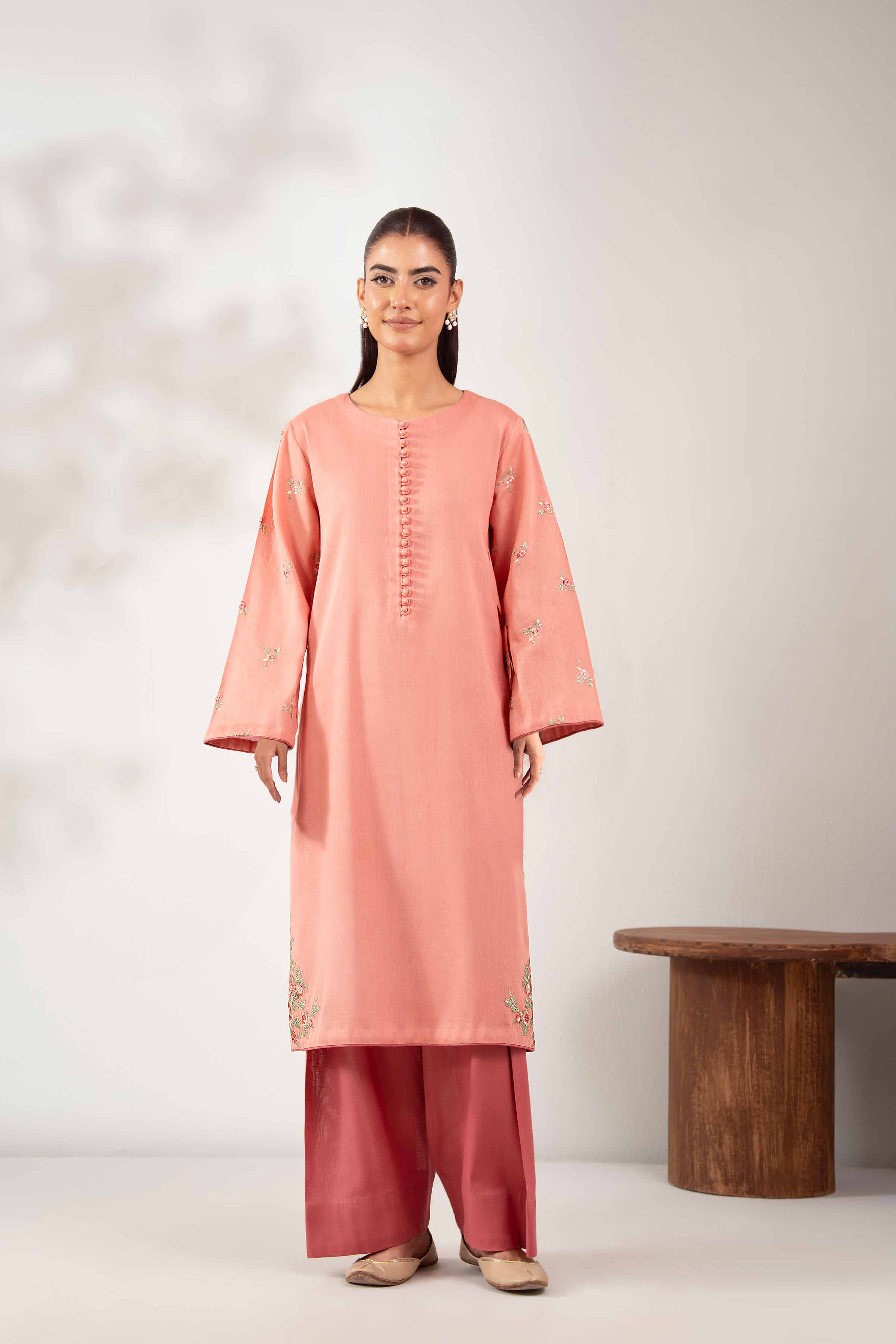 NISHATUAE - Peach Embroidered Khaddar 2-piece Unstitched Dress