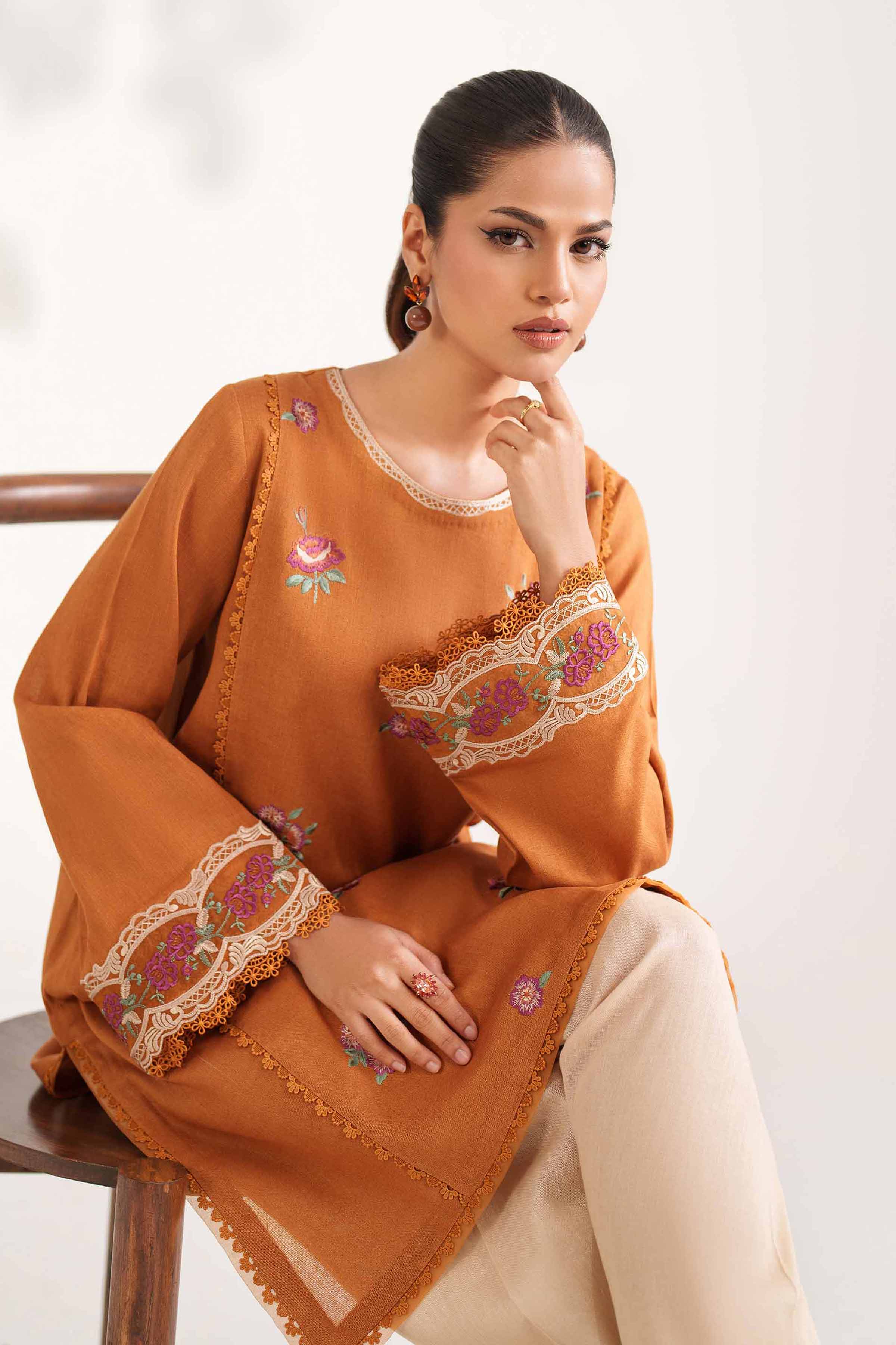 NISHATUAE - Ochre Embroidered Khaddar 2-piece Unstitched Dress