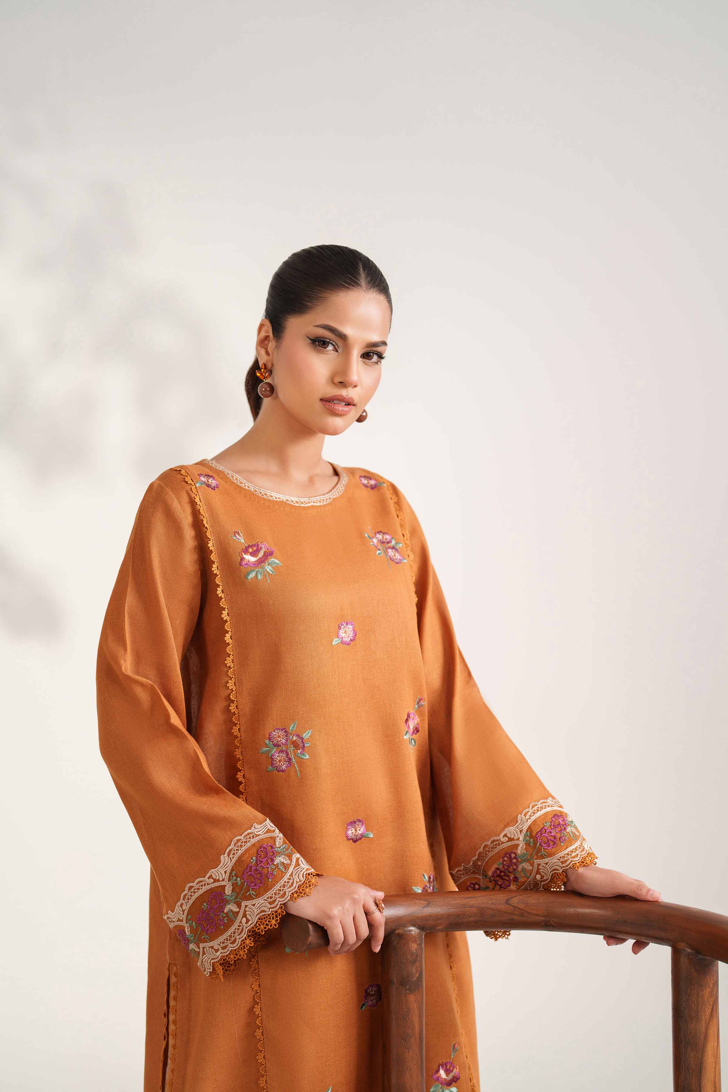 NISHATUAE - Ochre Embroidered Khaddar 2-piece Unstitched Dress