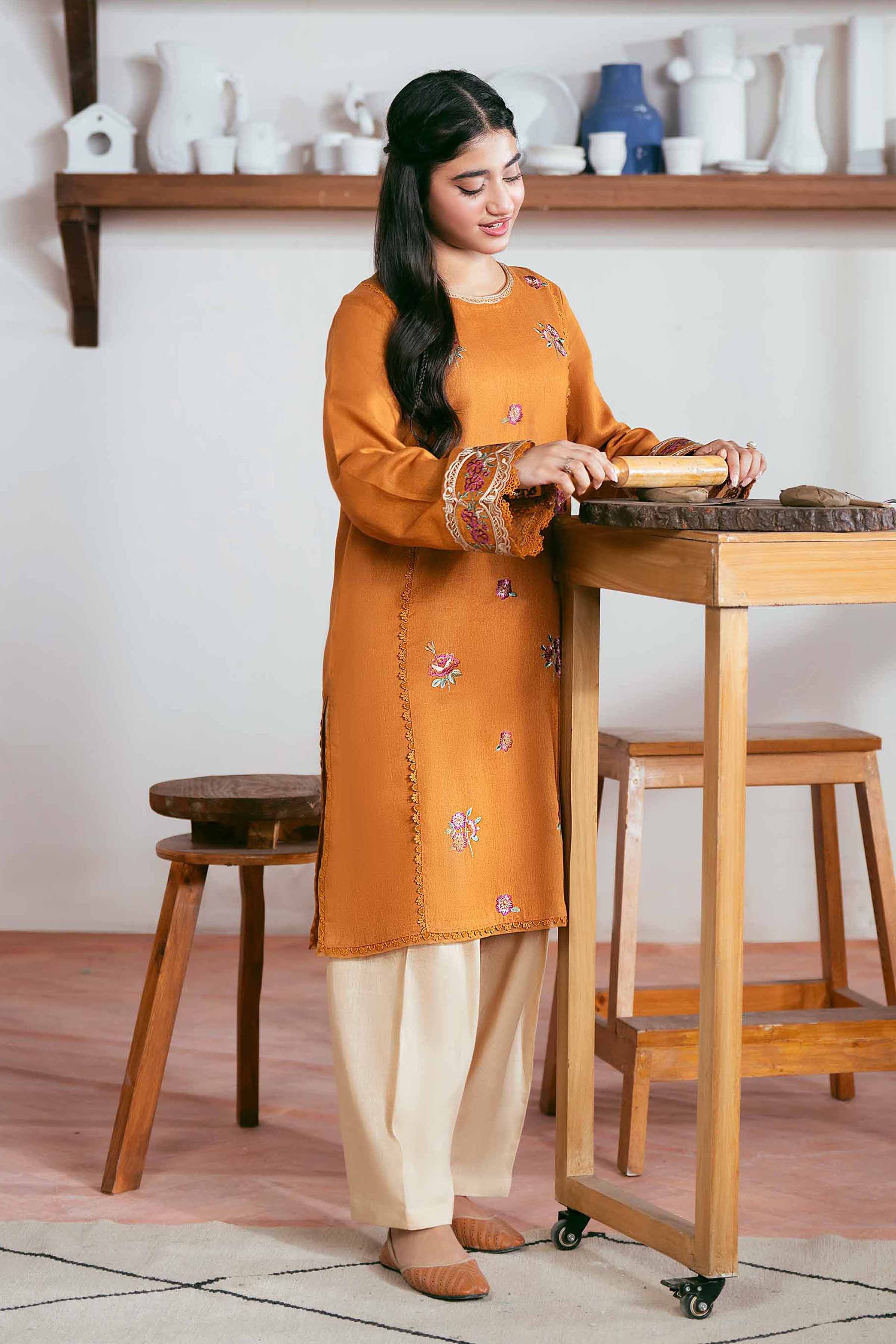 NISHATUAE - Ochre Embroidered Khaddar 2-piece Unstitched Dress