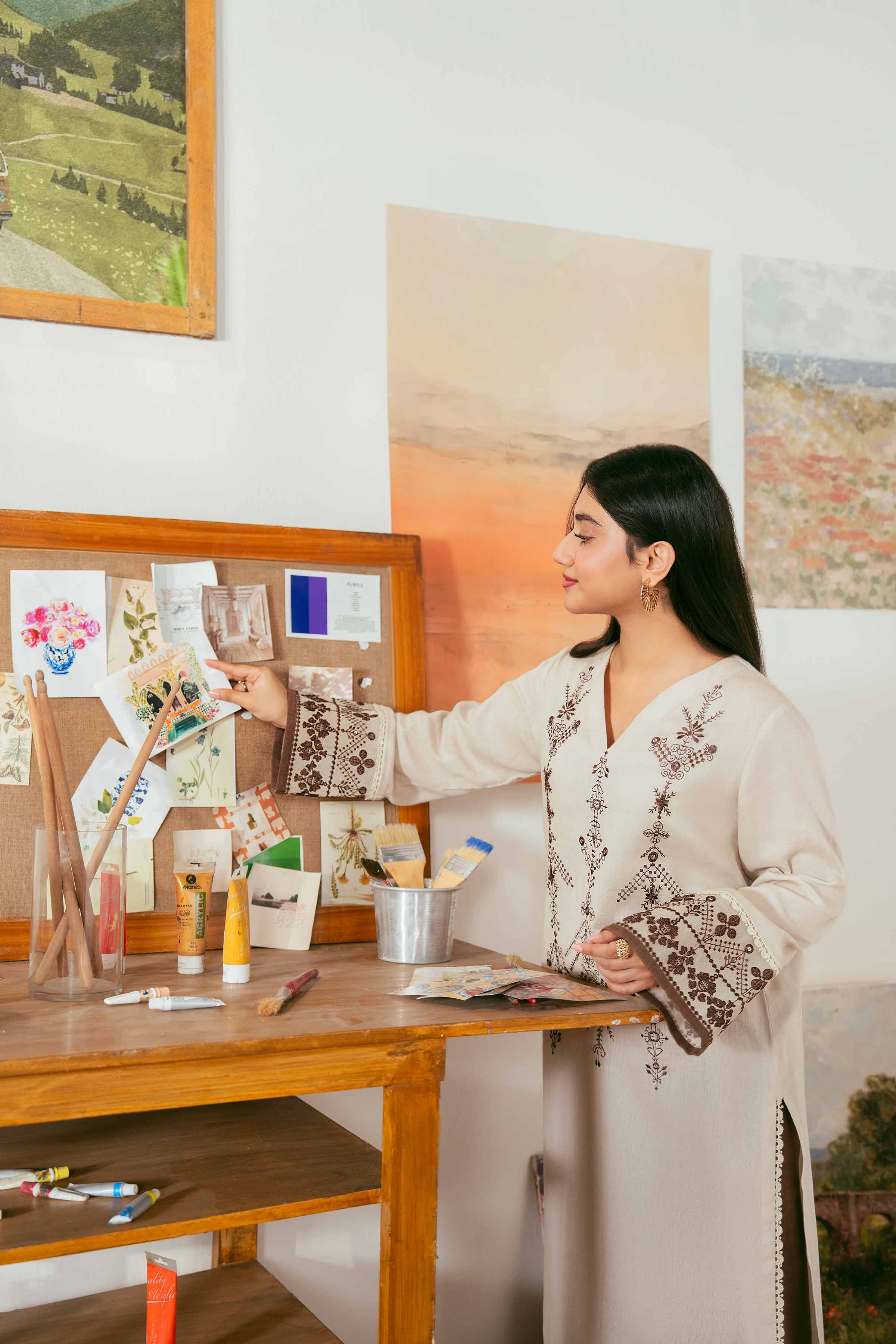 NISHATUAE - Off White Embroidered Khaddar 2-piece Unstitched Dress