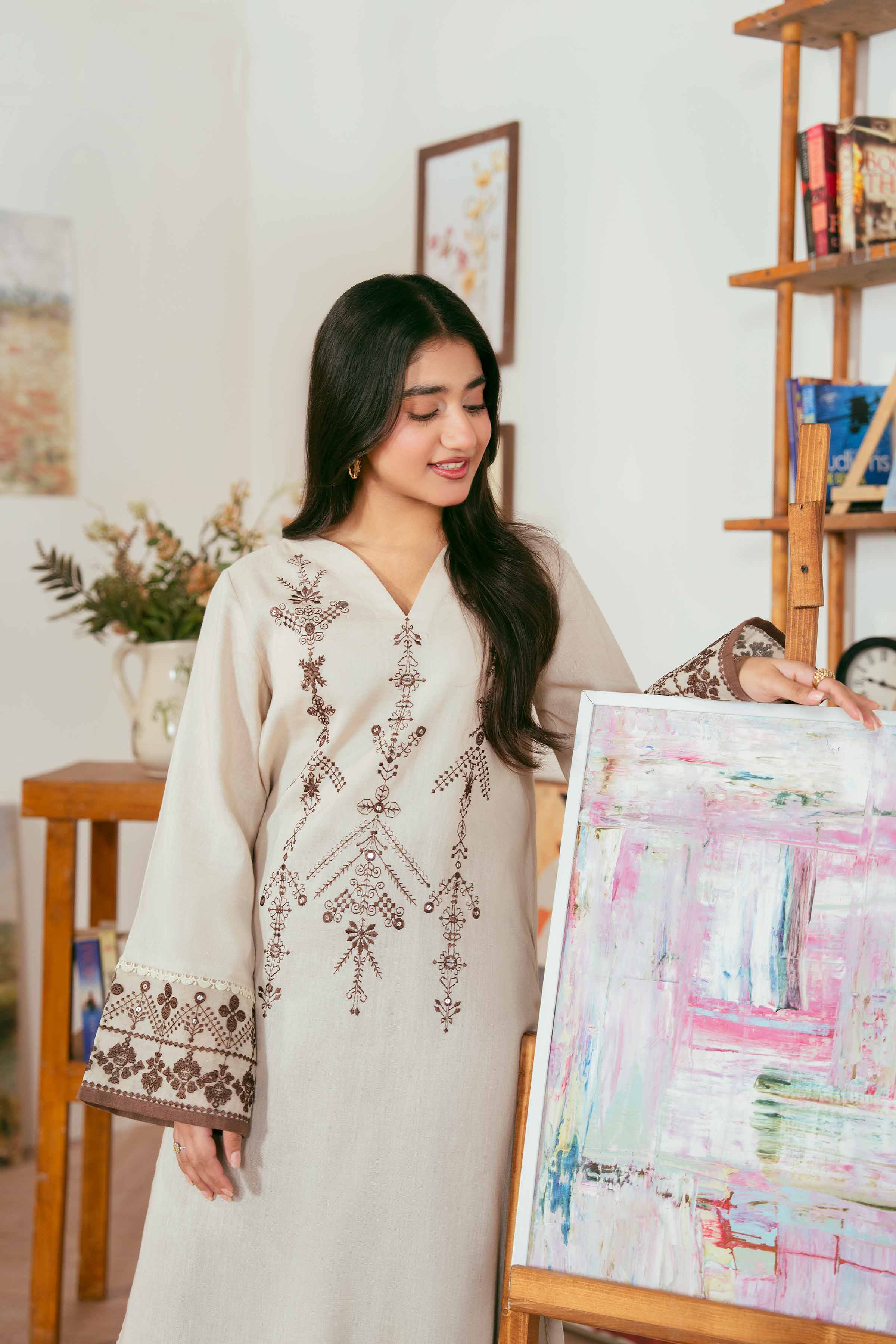 NISHATUAE - Off White Embroidered Khaddar 2-piece Unstitched Dress