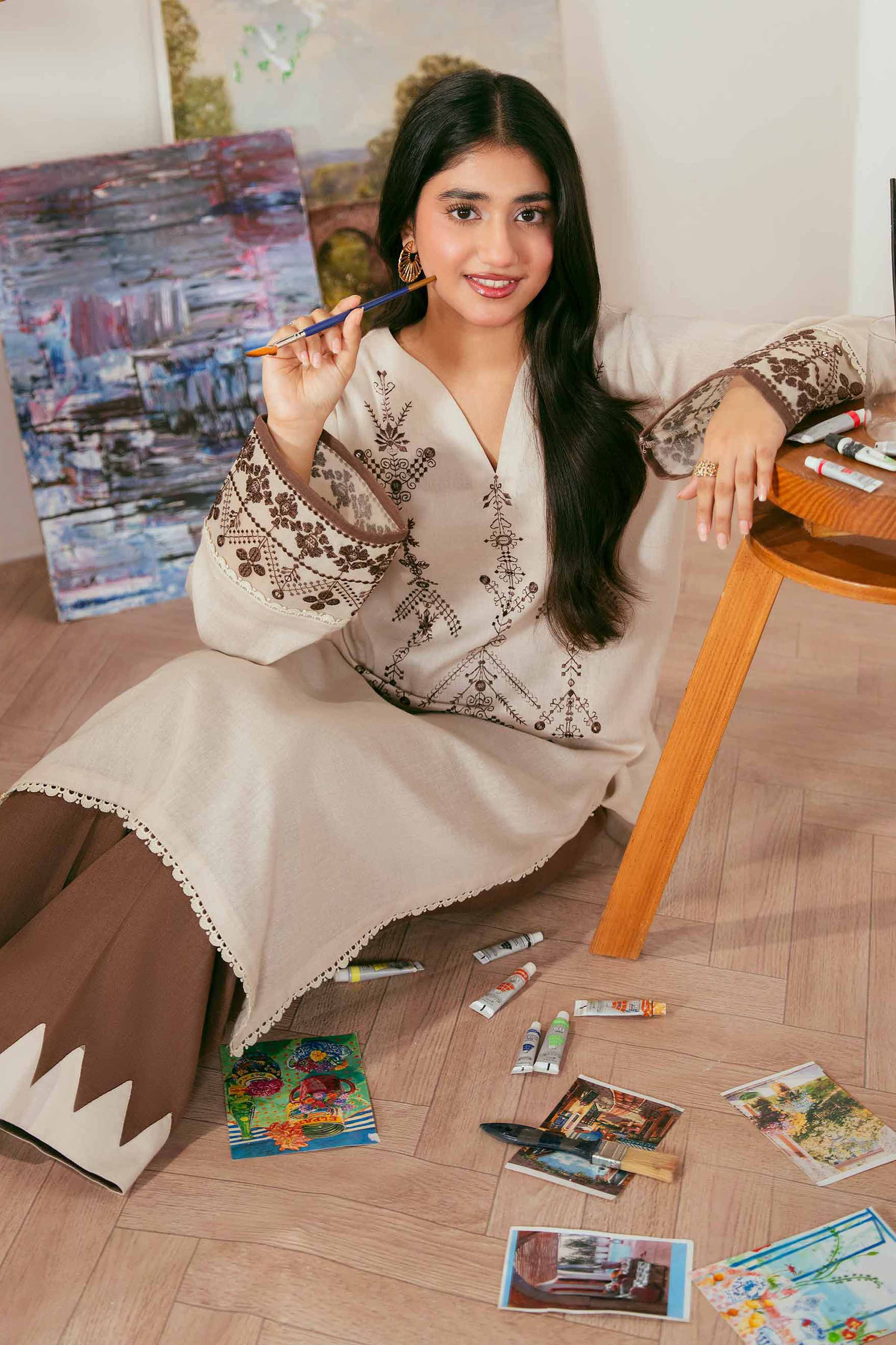 NISHATUAE - Off White Embroidered Khaddar 2-piece Unstitched Dress