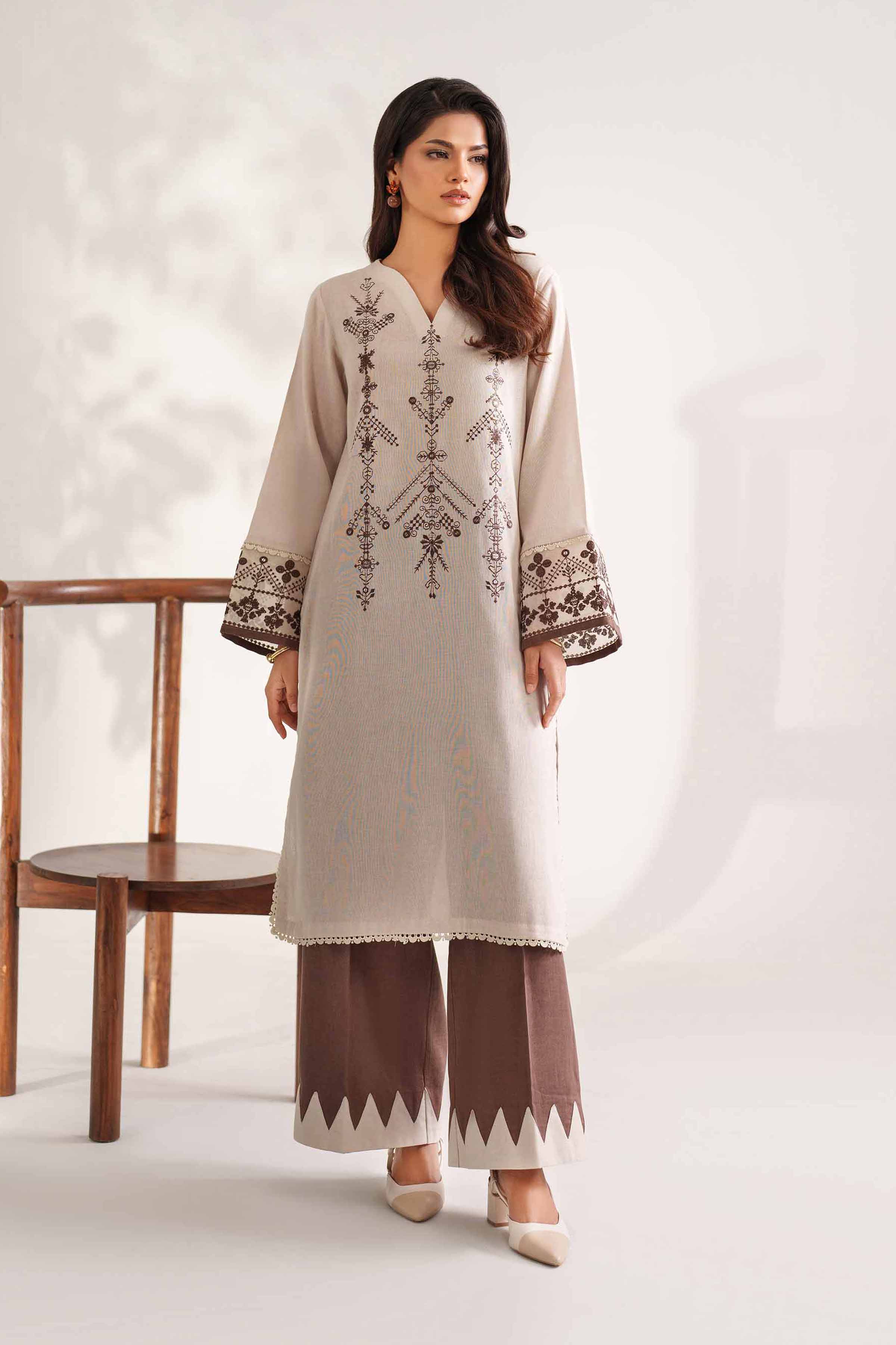 NISHATUAE - Off White Embroidered Khaddar 2-piece Unstitched Dress
