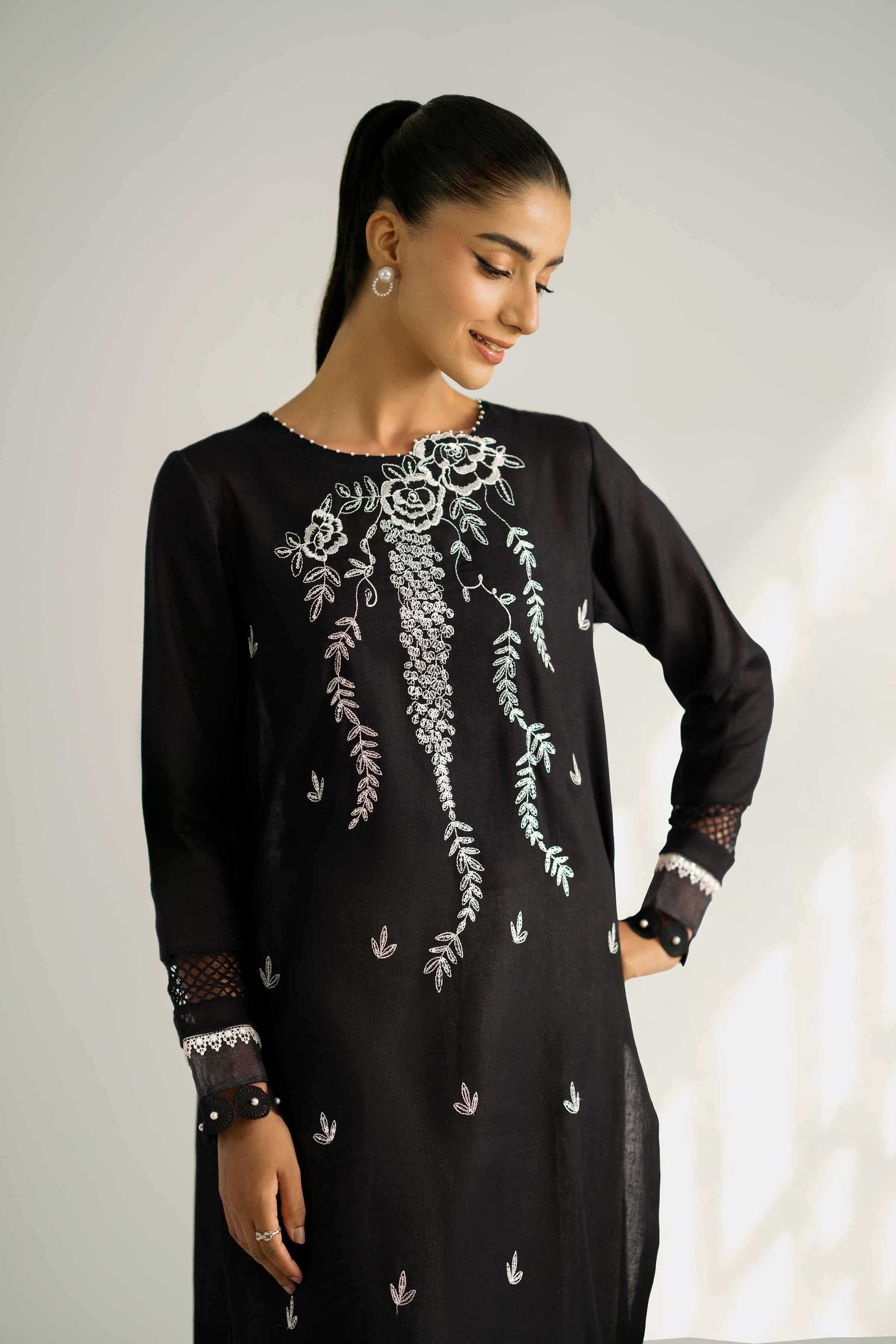 NISHATUAE - Black Embroidered Khaddar 2-piece Unstitched Dress