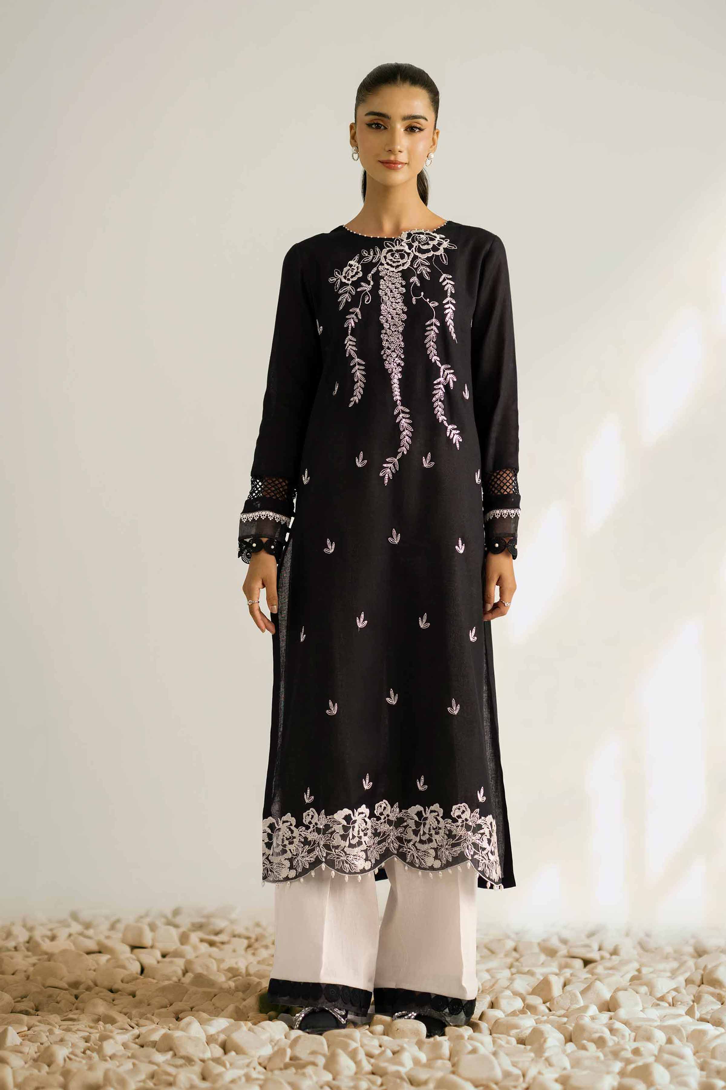 NISHATUAE - Black Embroidered Khaddar 2-piece Unstitched Dress