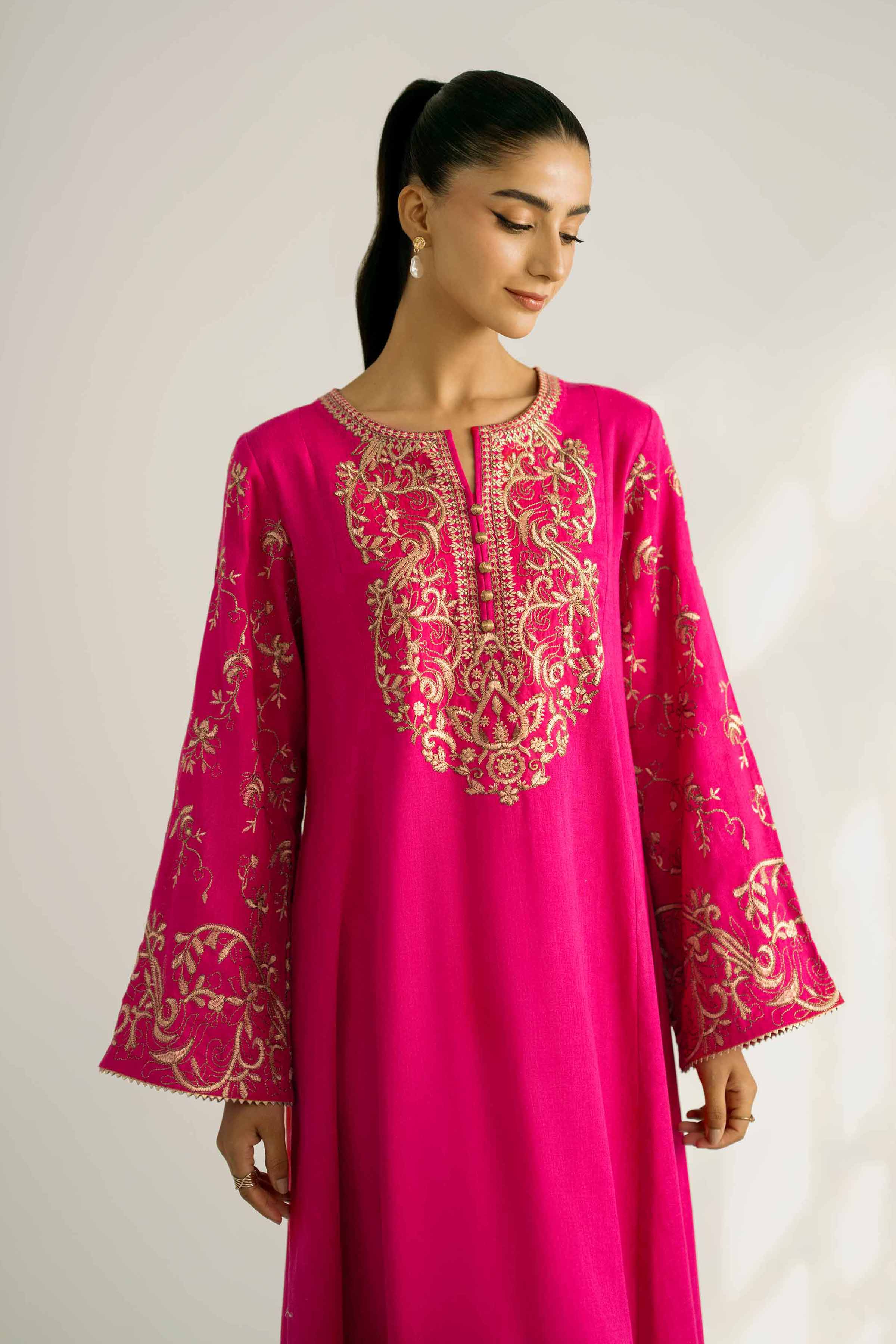 NISHATUAE - Fuchsia Embroidered Khaddar 2-piece Unstitched Dress