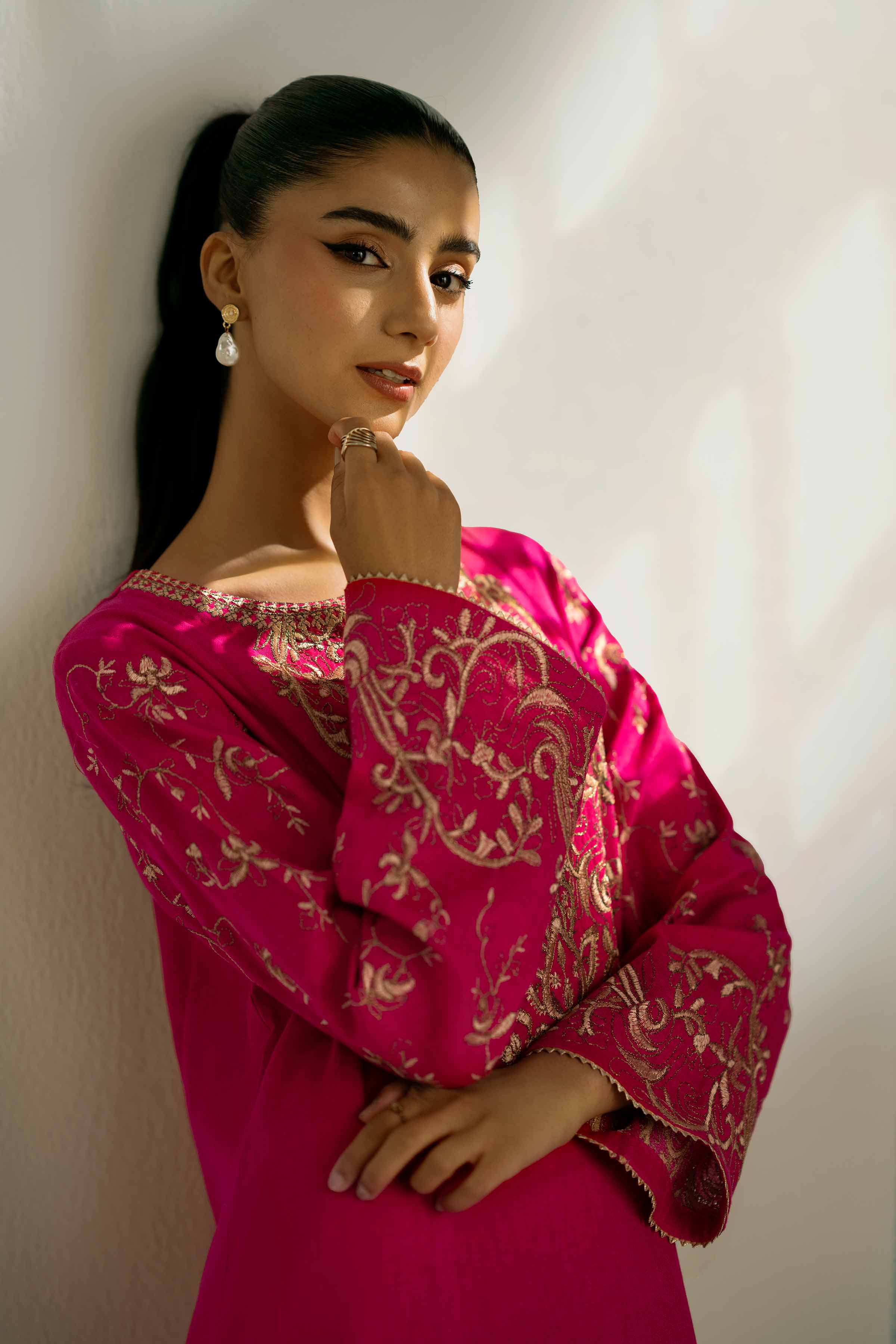 NISHATUAE - Fuchsia Embroidered Khaddar 2-piece Unstitched Dress