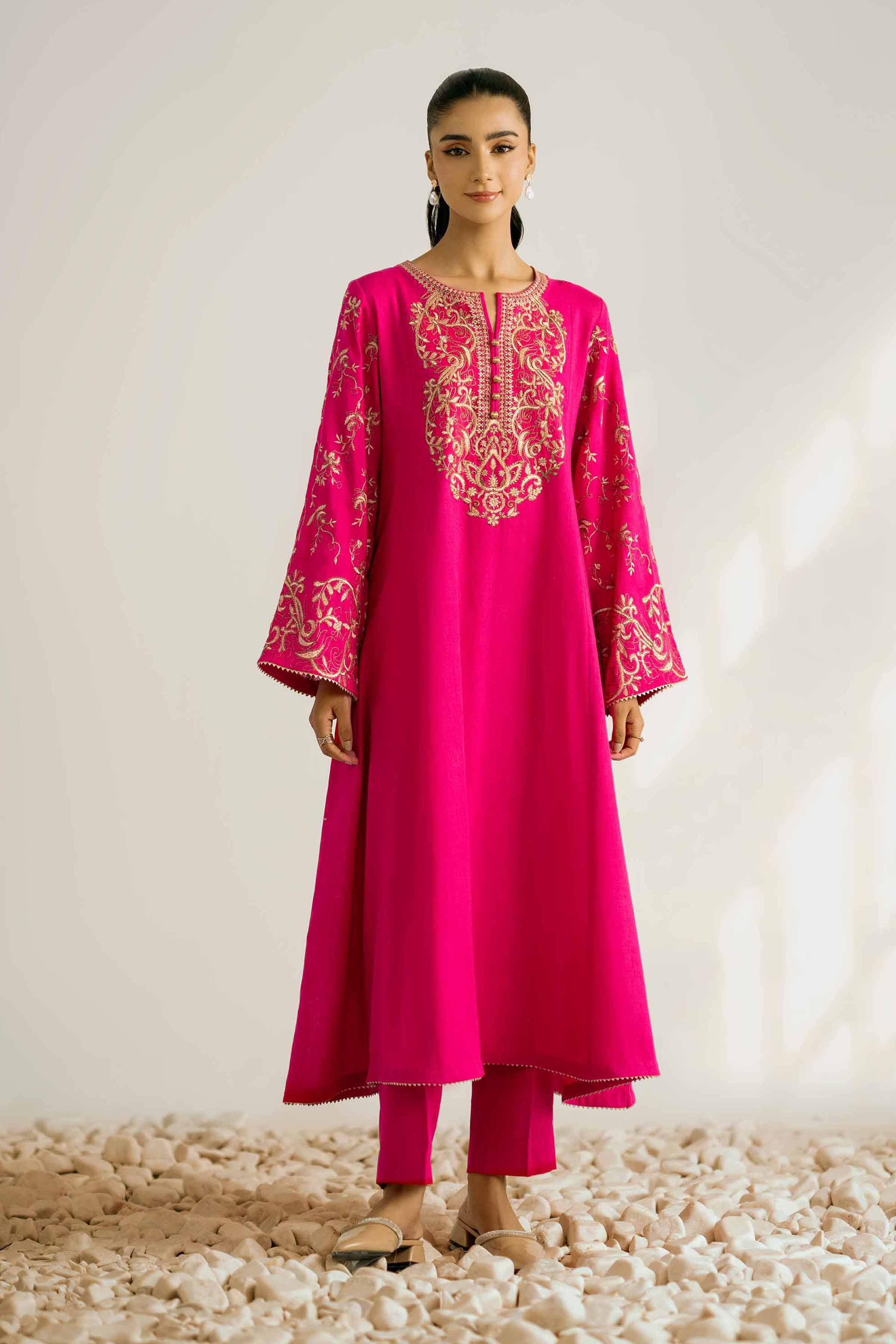 NISHATUAE - Fuchsia Embroidered Khaddar 2-piece Unstitched Dress