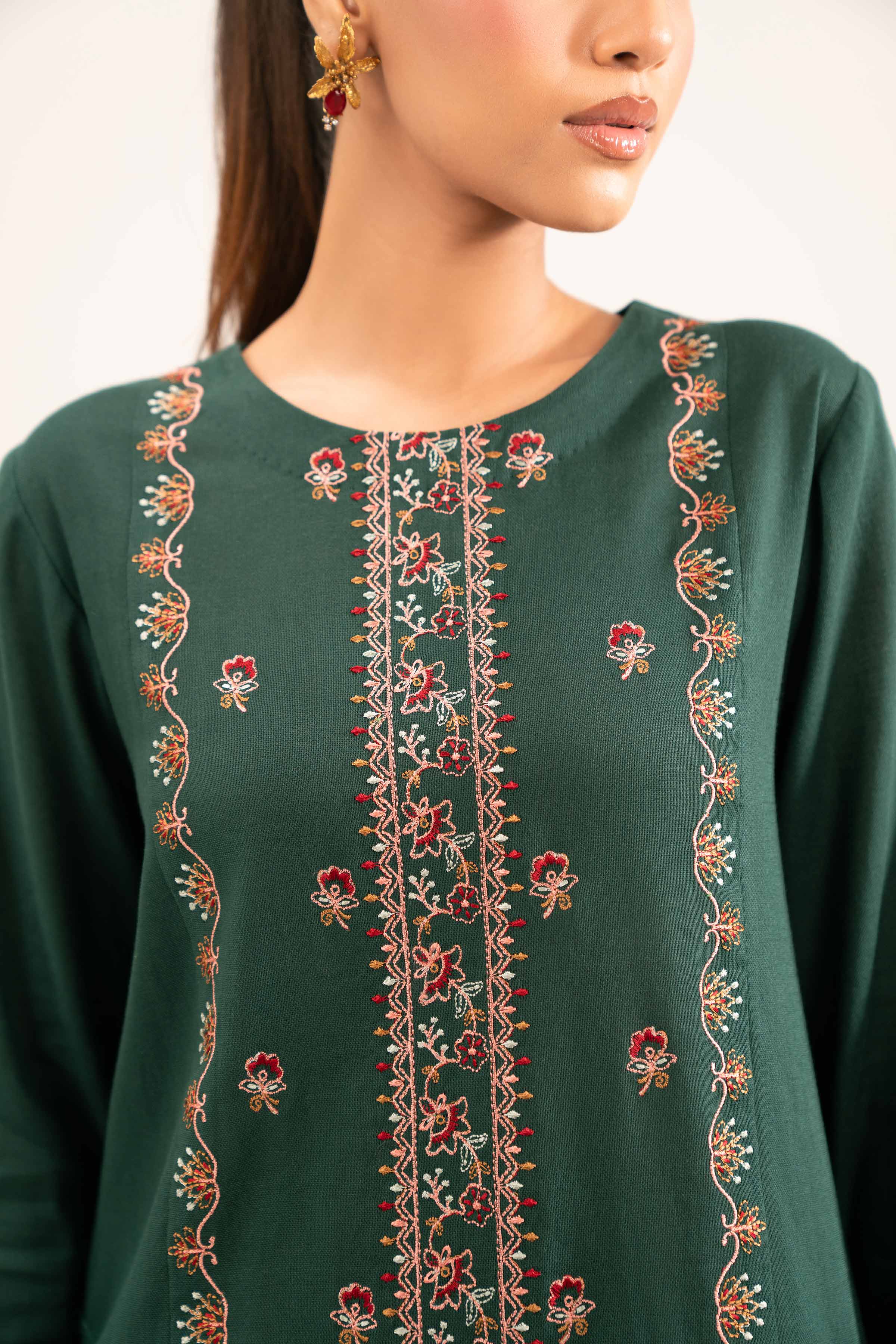 NISHATUAE - Green Embroidered Khaddar 2-piece Unstitched Dress