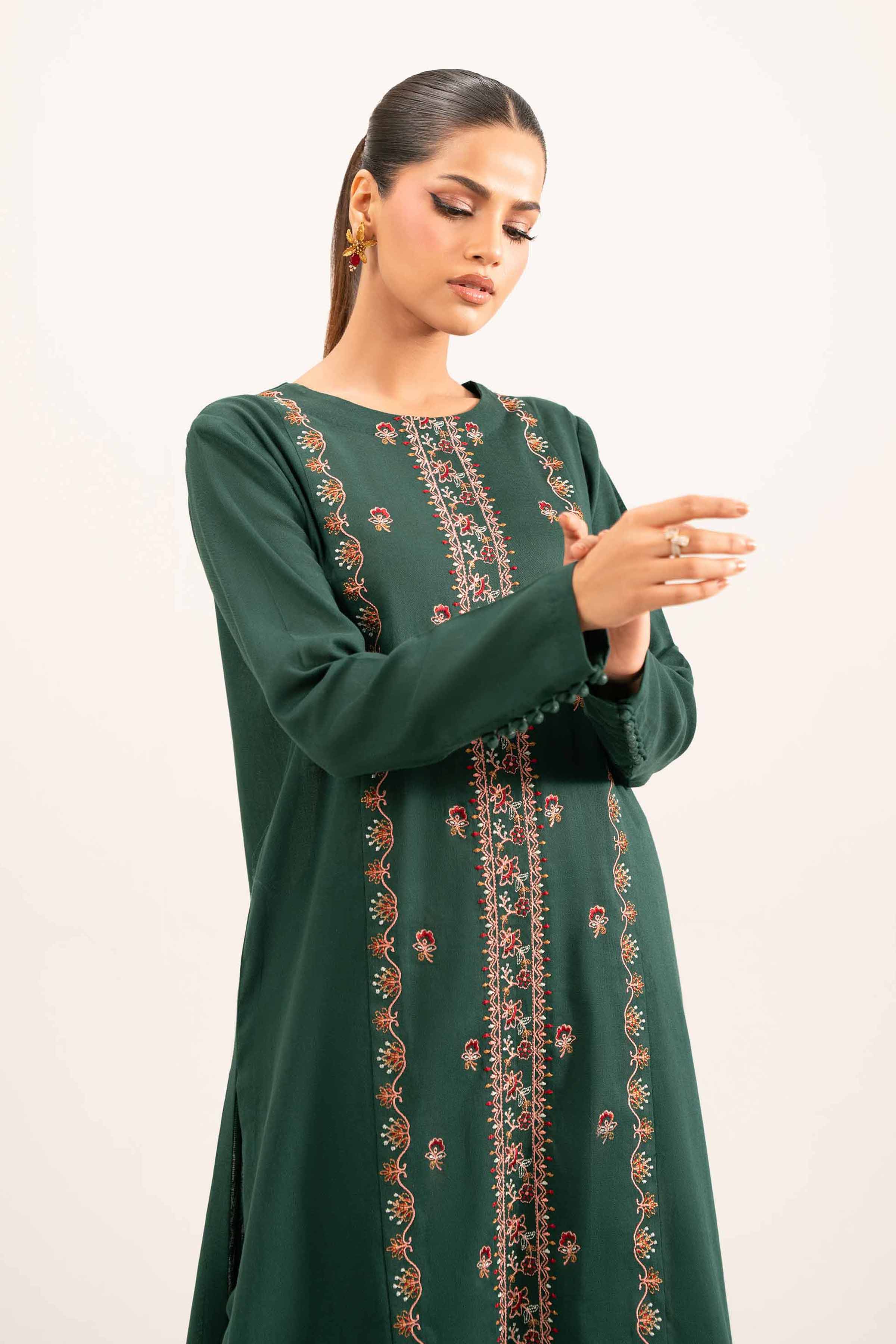 NISHATUAE - Green Embroidered Khaddar 2-piece Unstitched Dress