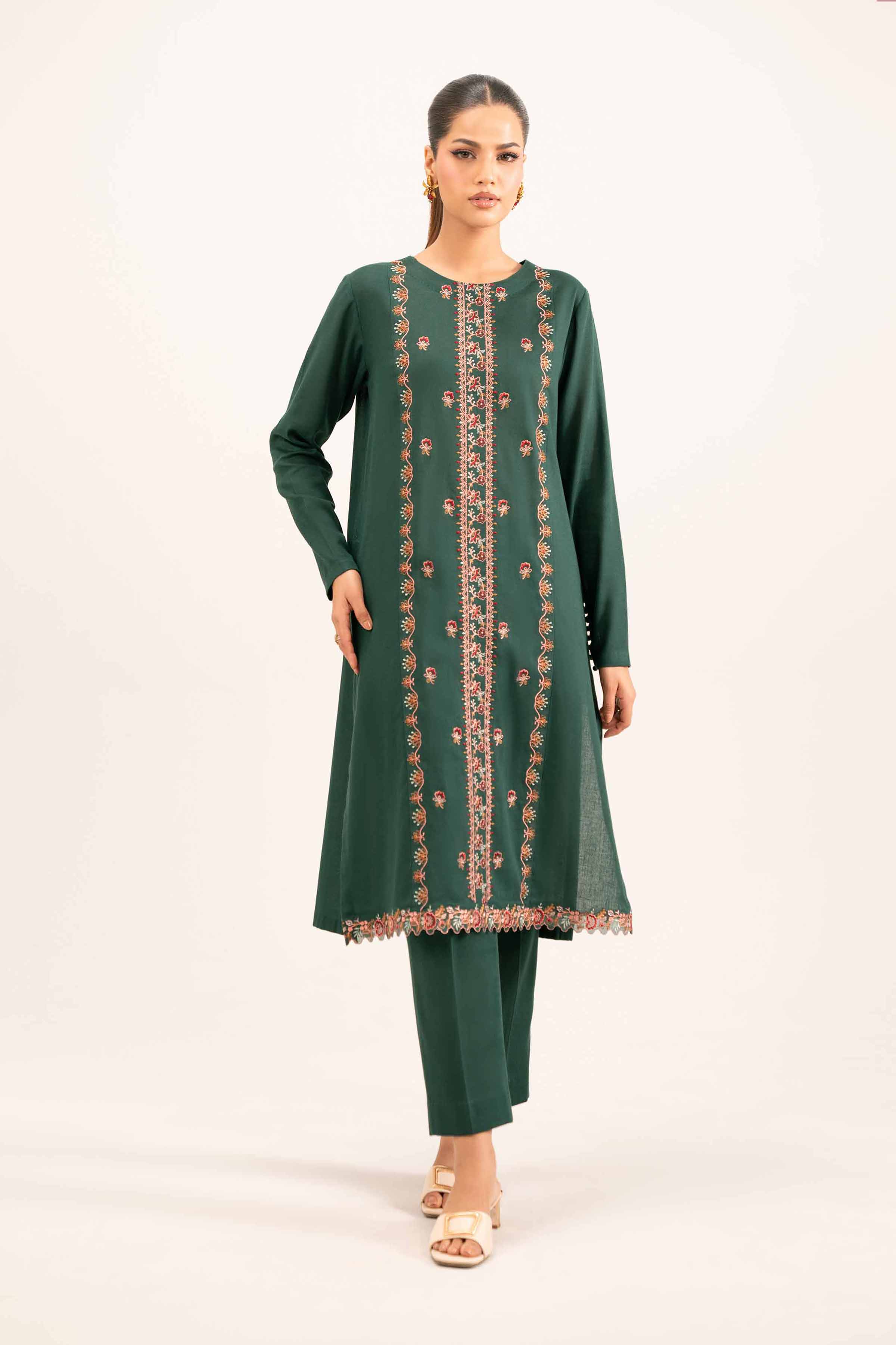NISHATUAE - Green Embroidered Khaddar 2-piece Unstitched Dress