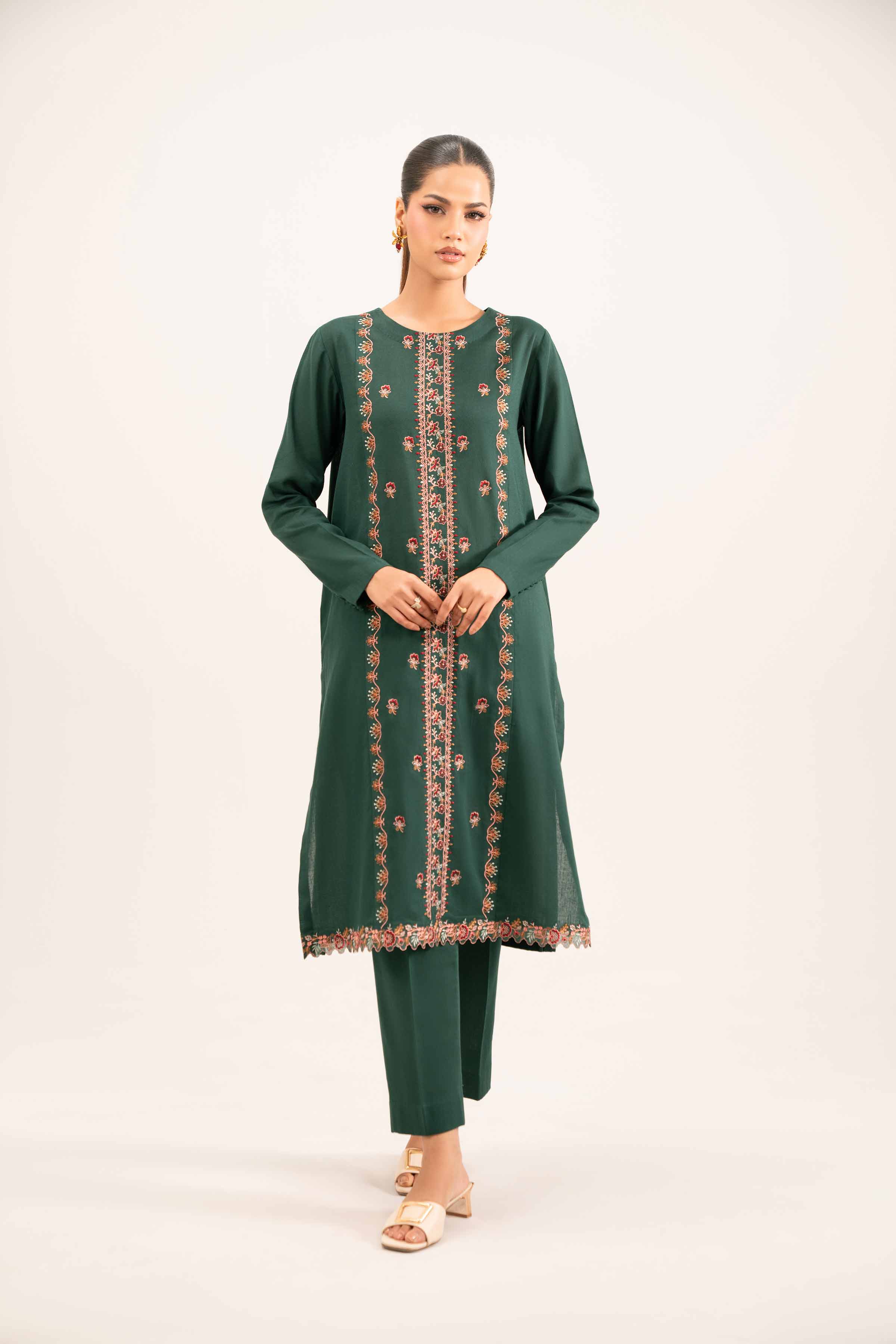 NISHATUAE - Green Embroidered Khaddar 2-piece Unstitched Dress