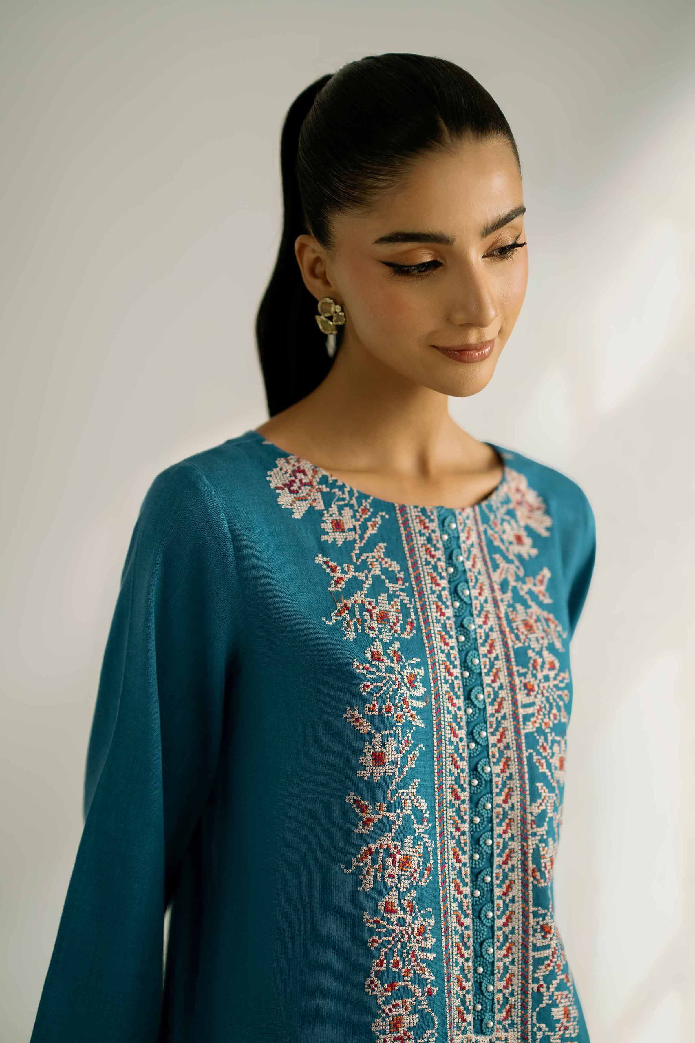 NISHATUAE - Teal Embroidered Khaddar 2-piece Unstitched Dress