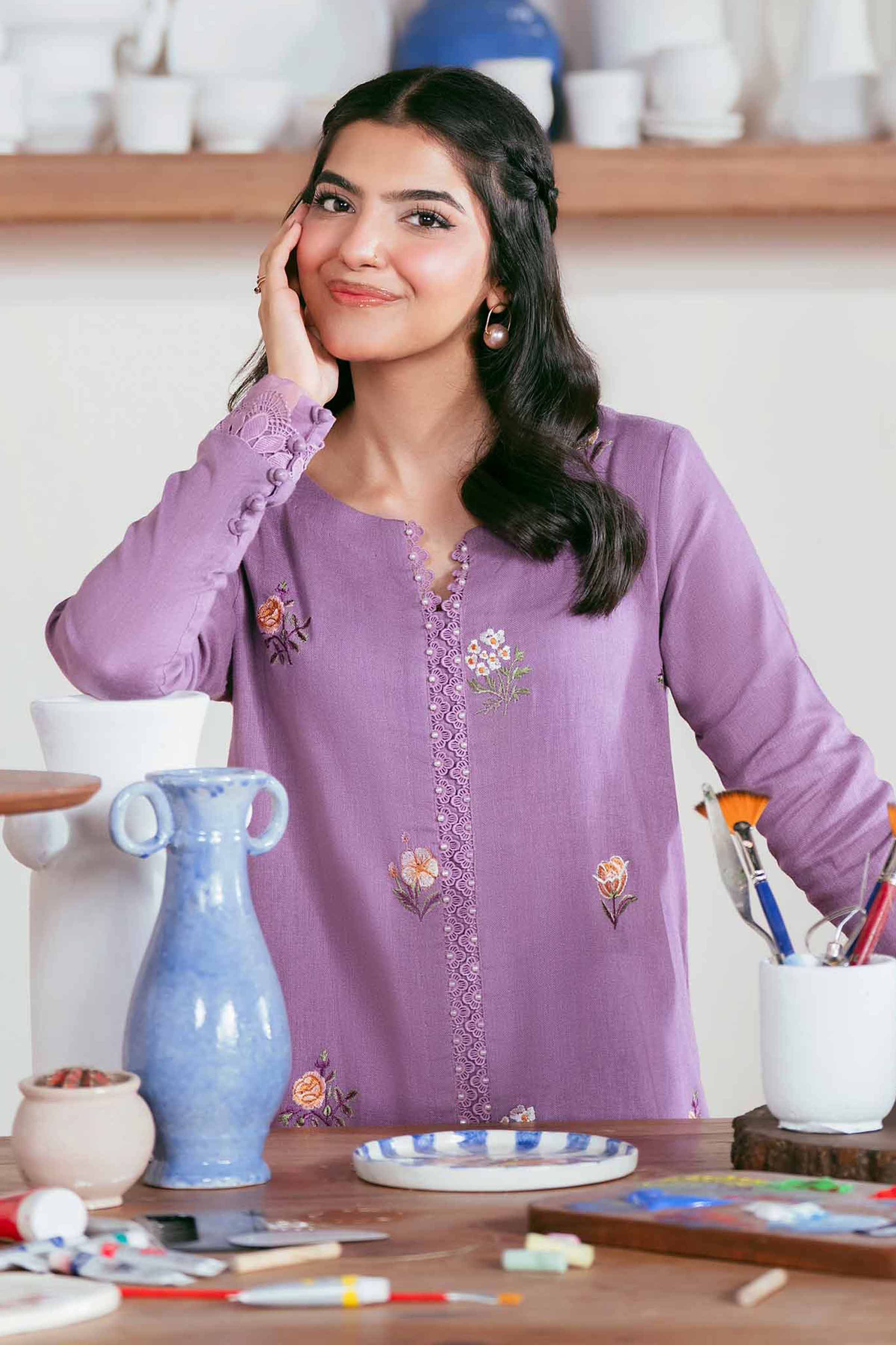 NISHATUAE - Lilac Embroidered Khaddar 2-piece Unstitched Dress