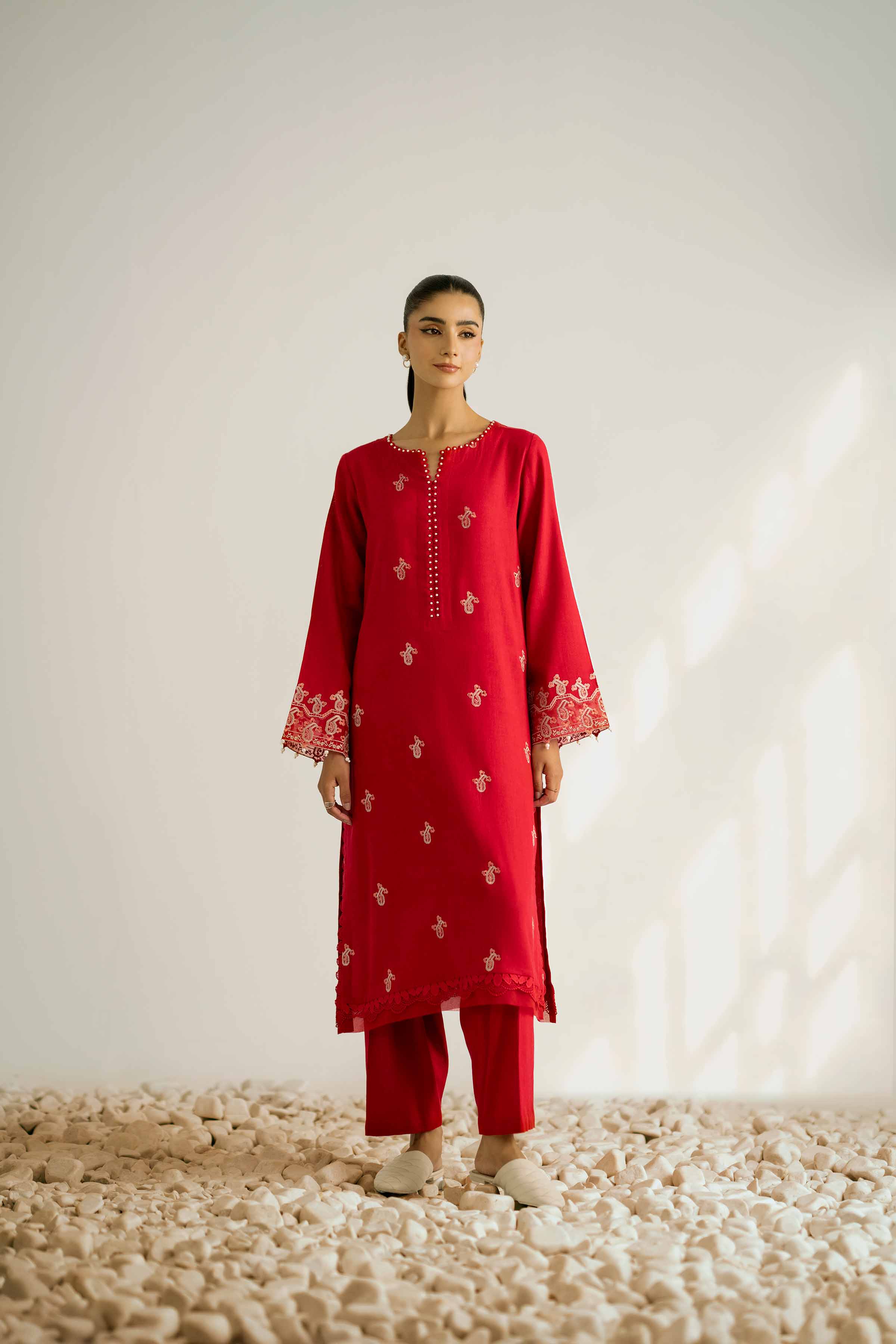 NISHATUAE - Red Embroidered Khaddar 2-piece Unstitched Dress