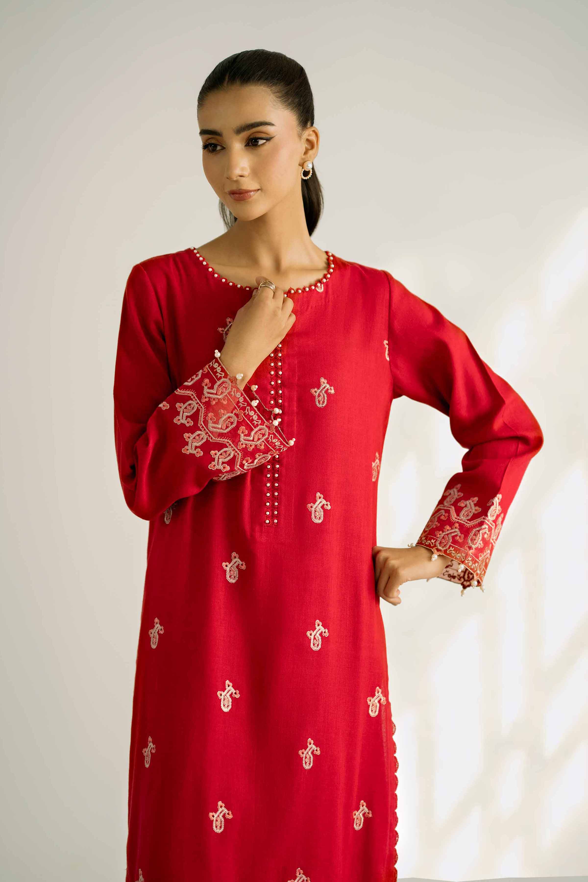NISHATUAE - Red Embroidered Khaddar 2-piece Unstitched Dress