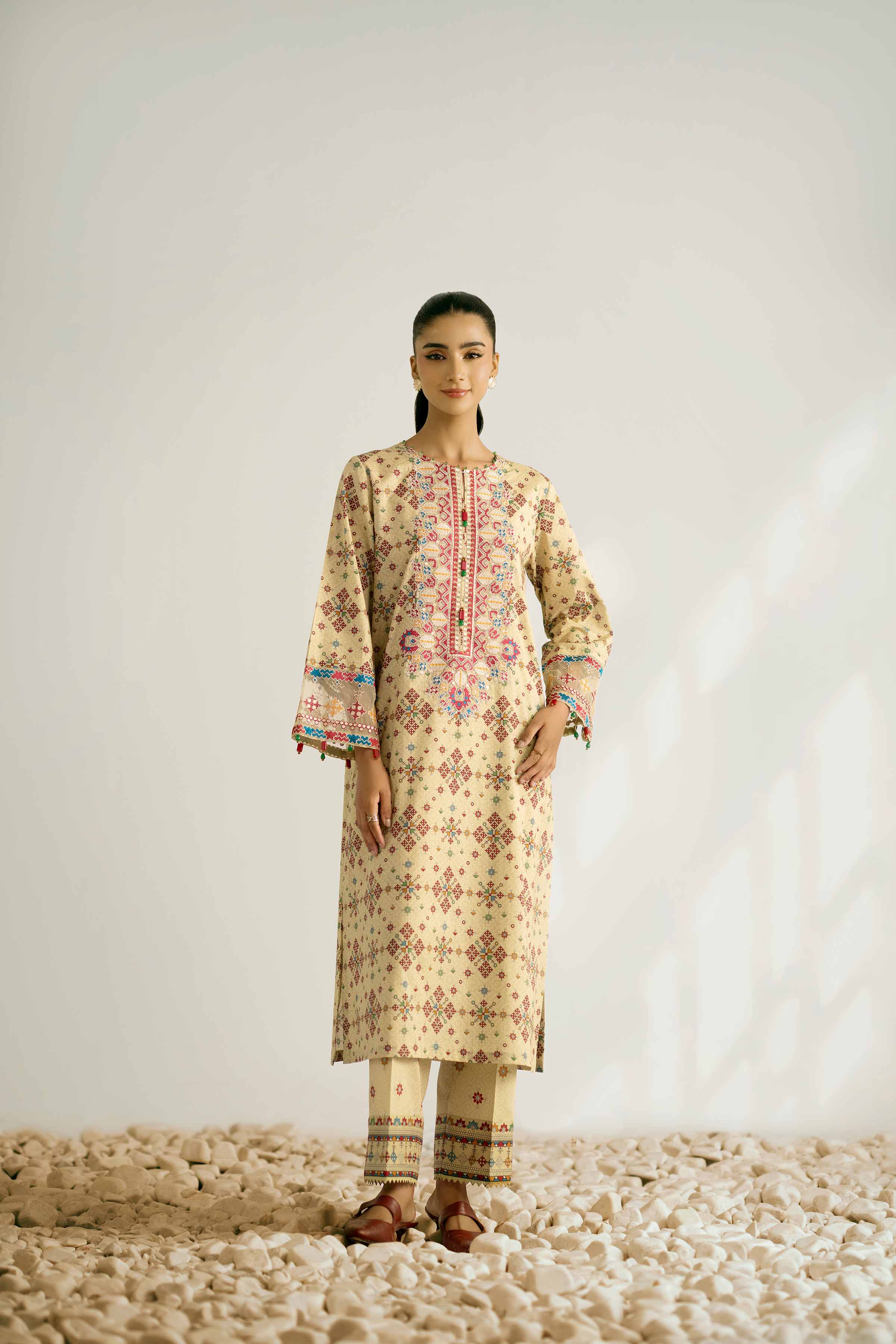 NISHATUAE - Olive Embroidered Cambric 2-piece Unstitched Dress