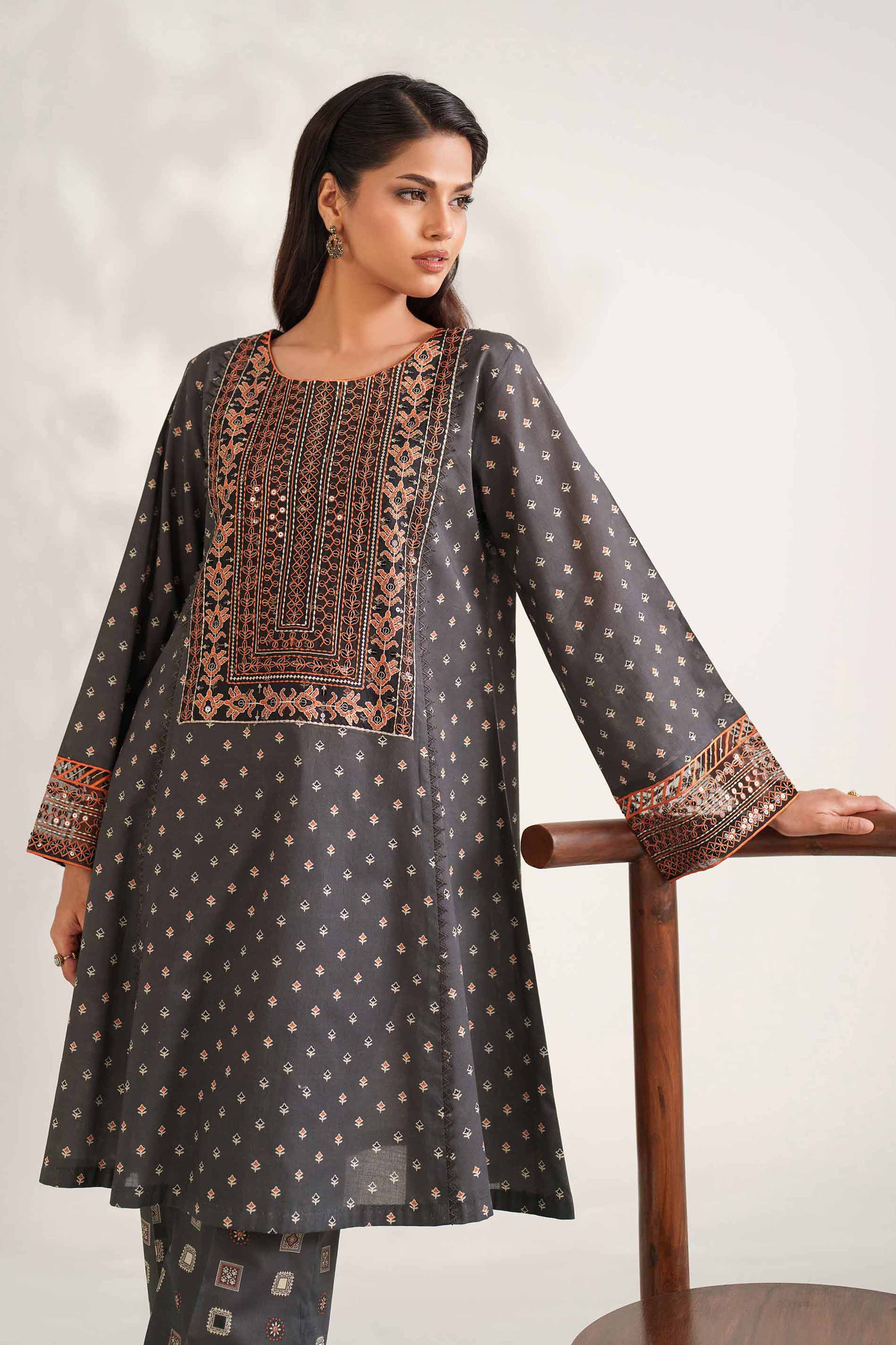 NISHATUAE - Grey Embroidered Cambric 2-piece Unstitched Dress