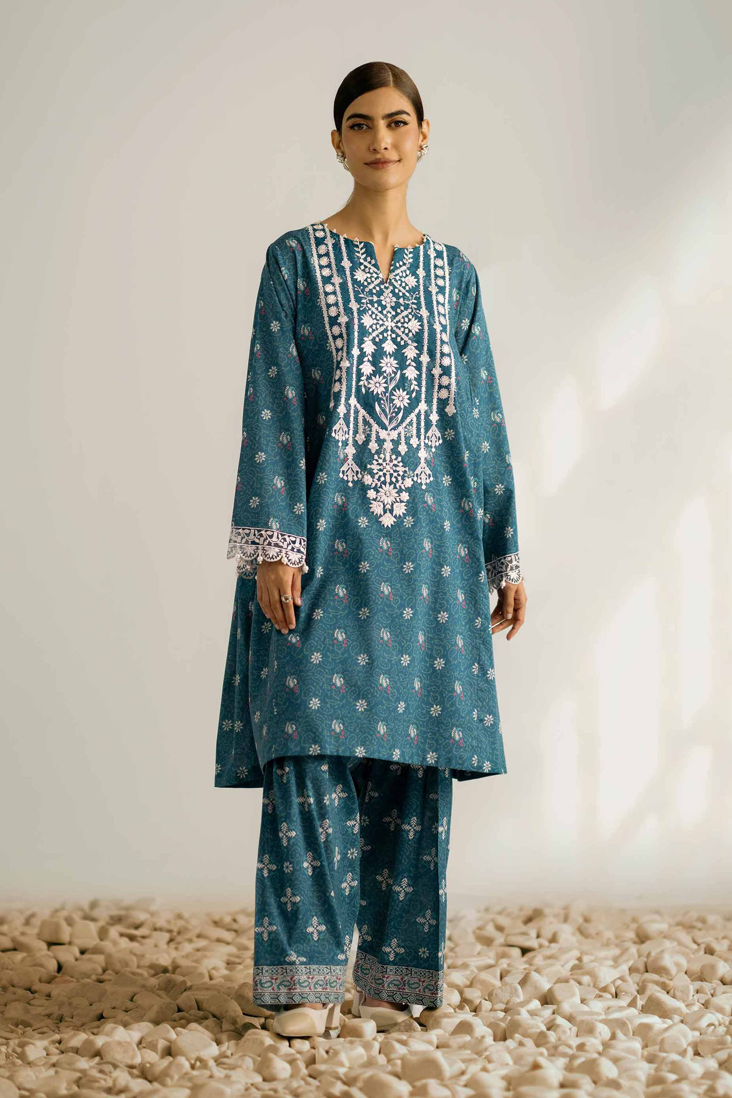 NISHATUAE - Teal Embroidered Cambric 2-piece Unstitched Dress