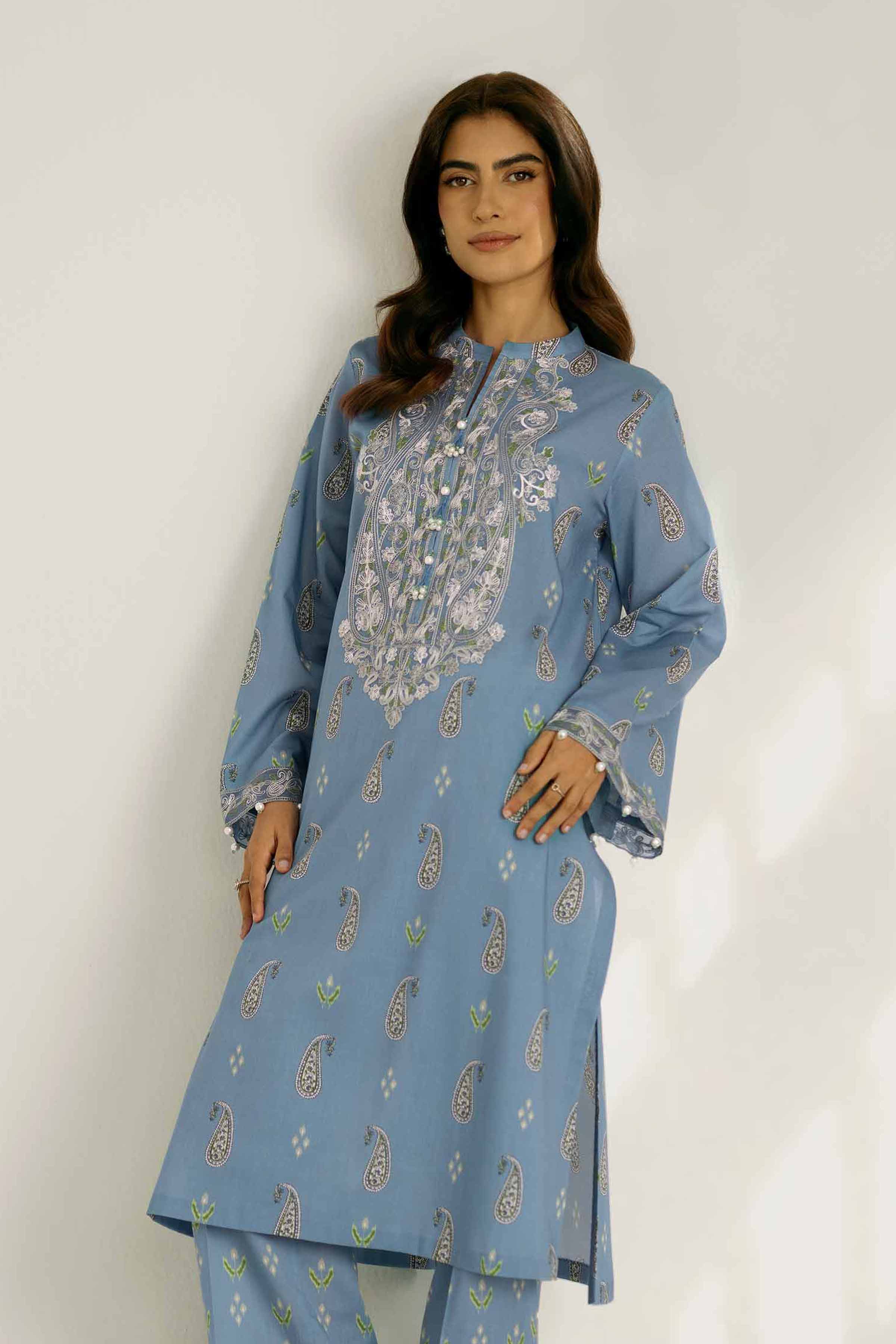NISHATUAE - Blue Embroidered Cambric 2-piece Unstitched Dress