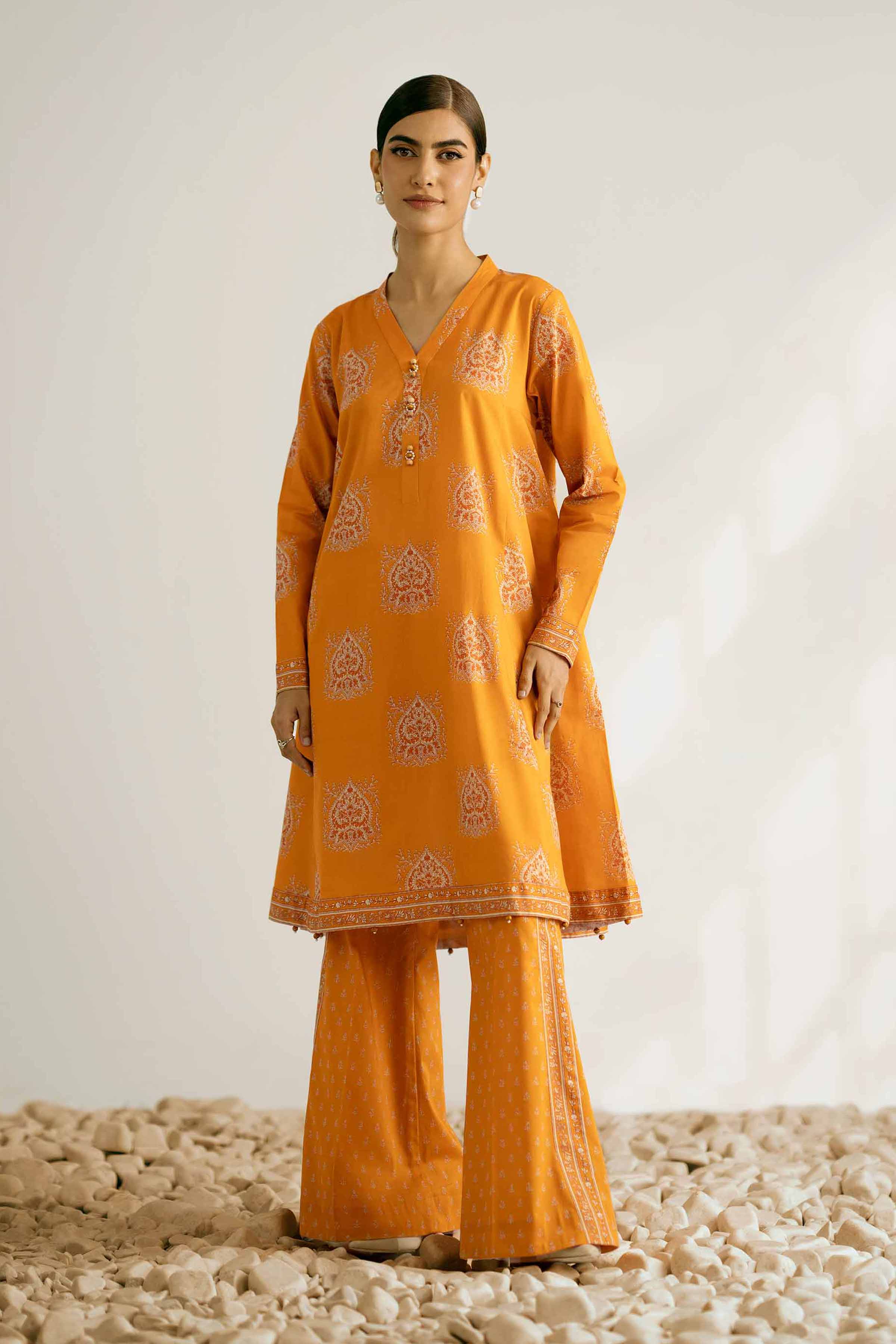 NISHATUAE - Orange Printed Cambric 2-piece Unstitched Dress