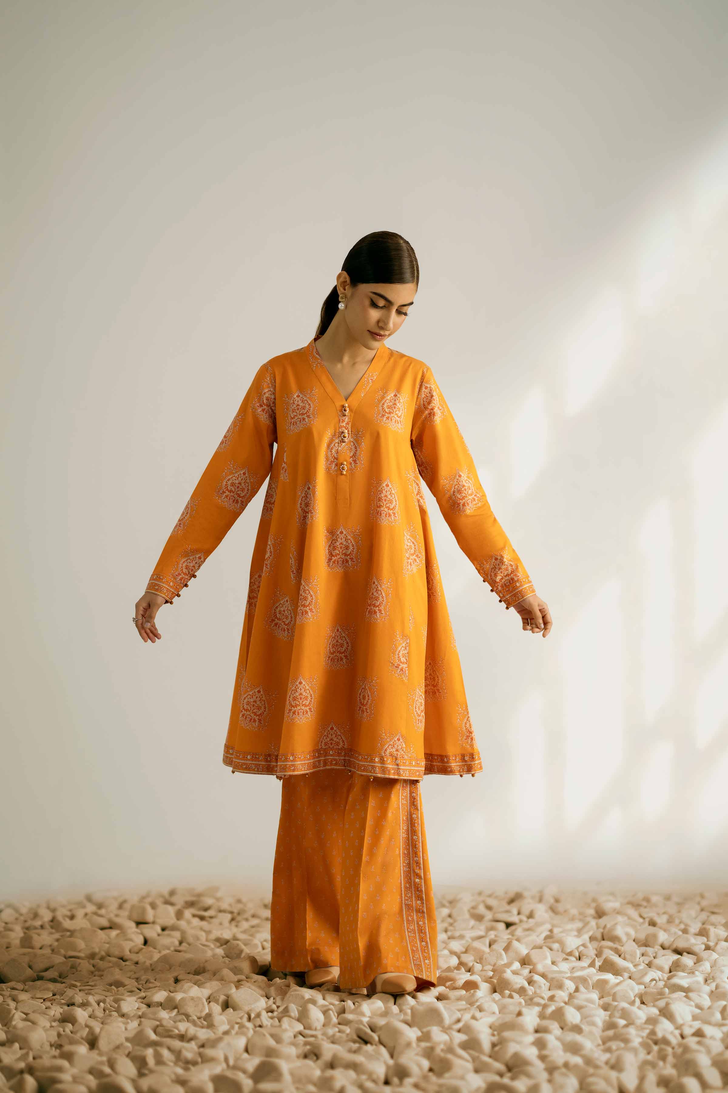 NISHATUAE - Orange Printed Cambric 2-piece Unstitched Dress