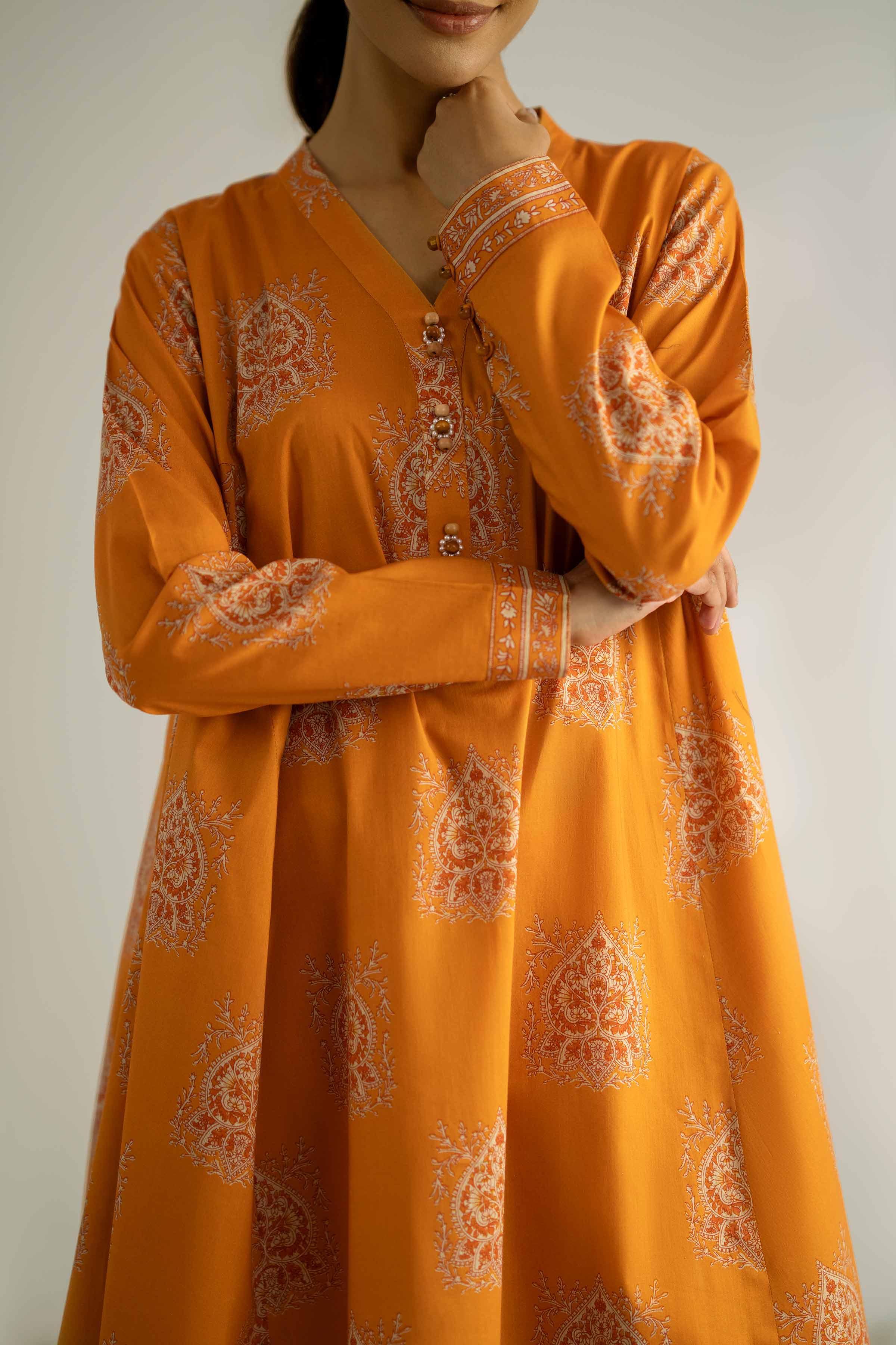 NISHATUAE - Orange Printed Cambric 2-piece Unstitched Dress