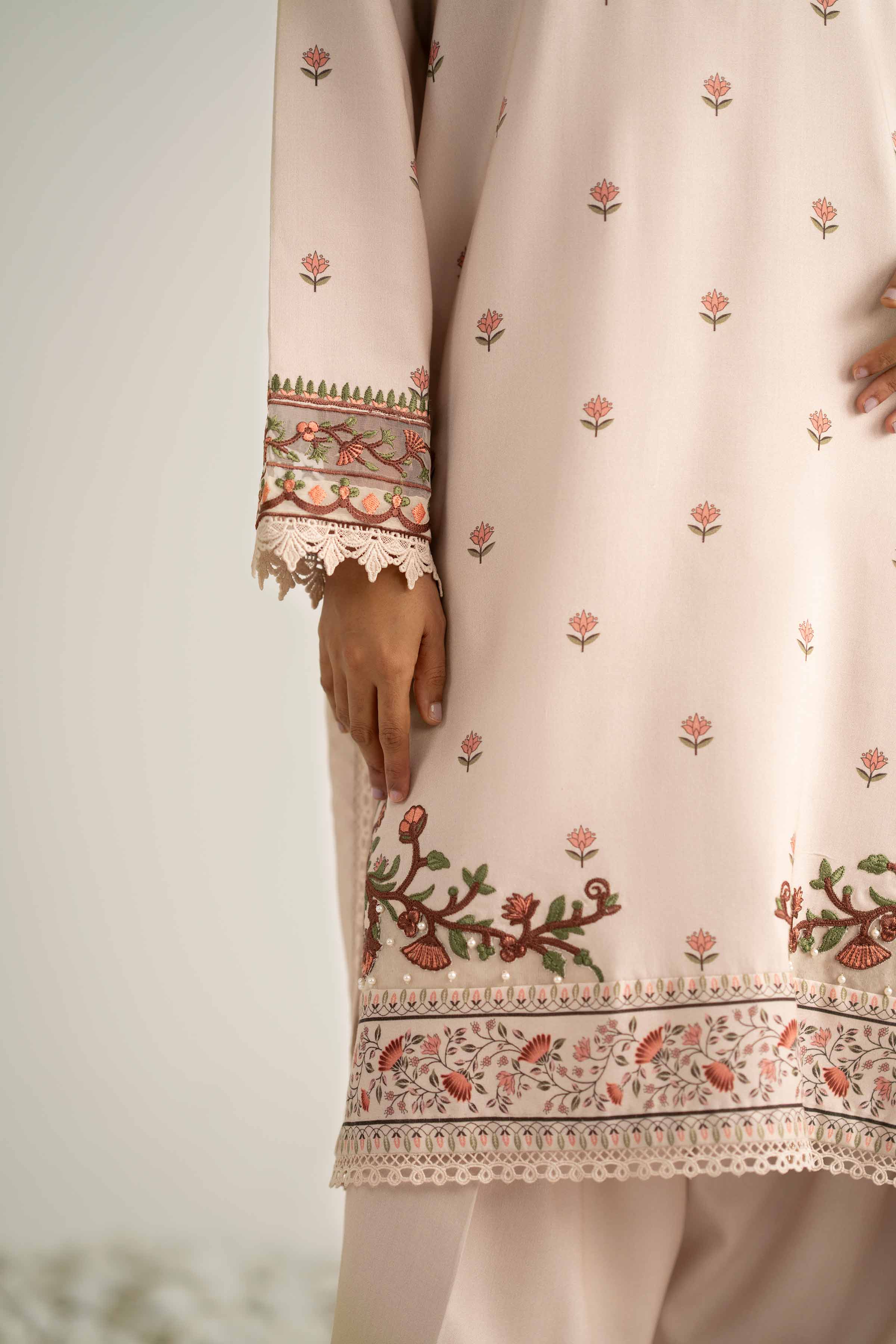 NISHATUAE - Beige Embroidered Linen 3-piece Unstitched Suit