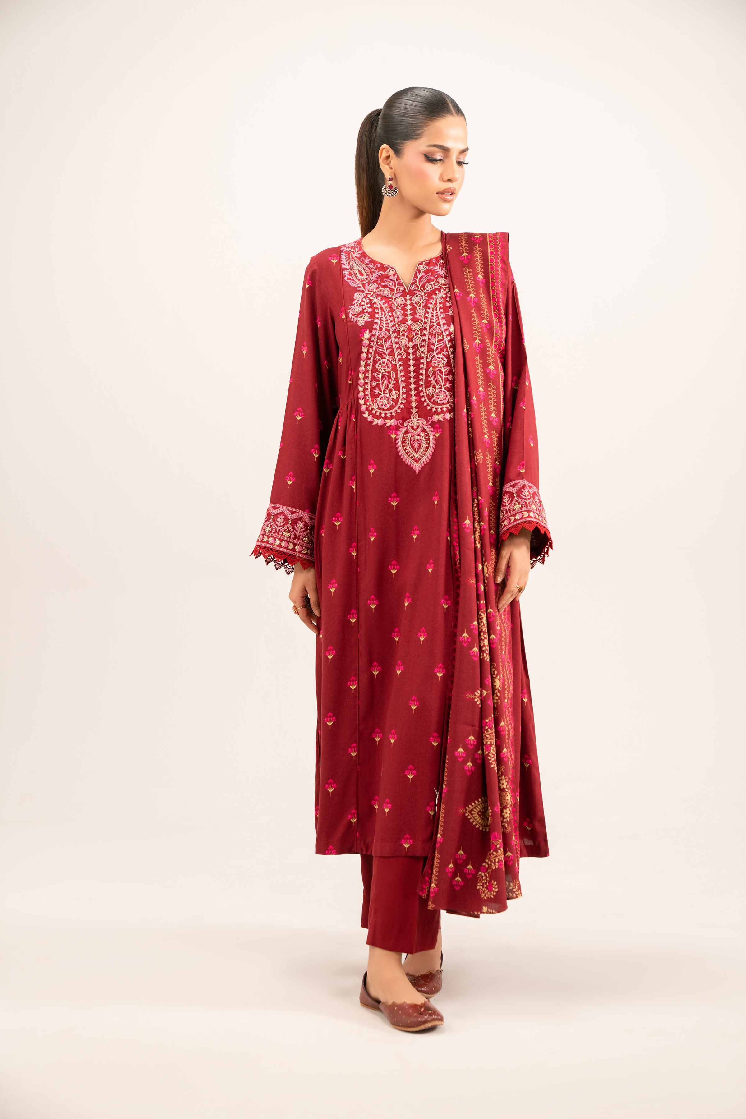 NISHATUAE - Maroon Embroidered Linen 3-piece Unstitched Suit