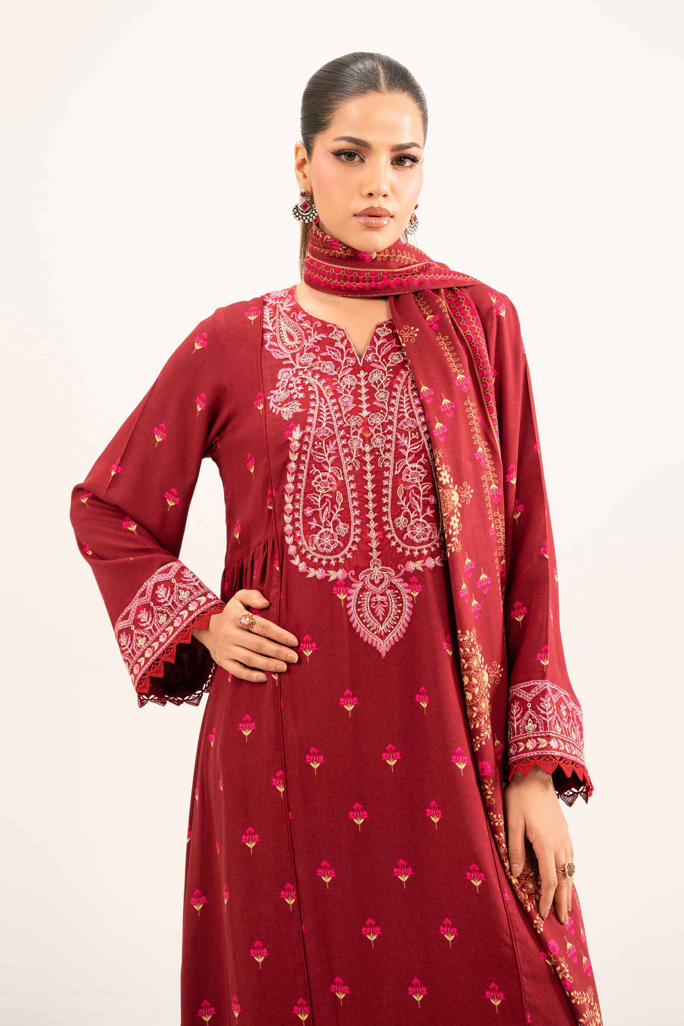 NISHATUAE - Maroon Embroidered Linen 3-piece Unstitched Suit