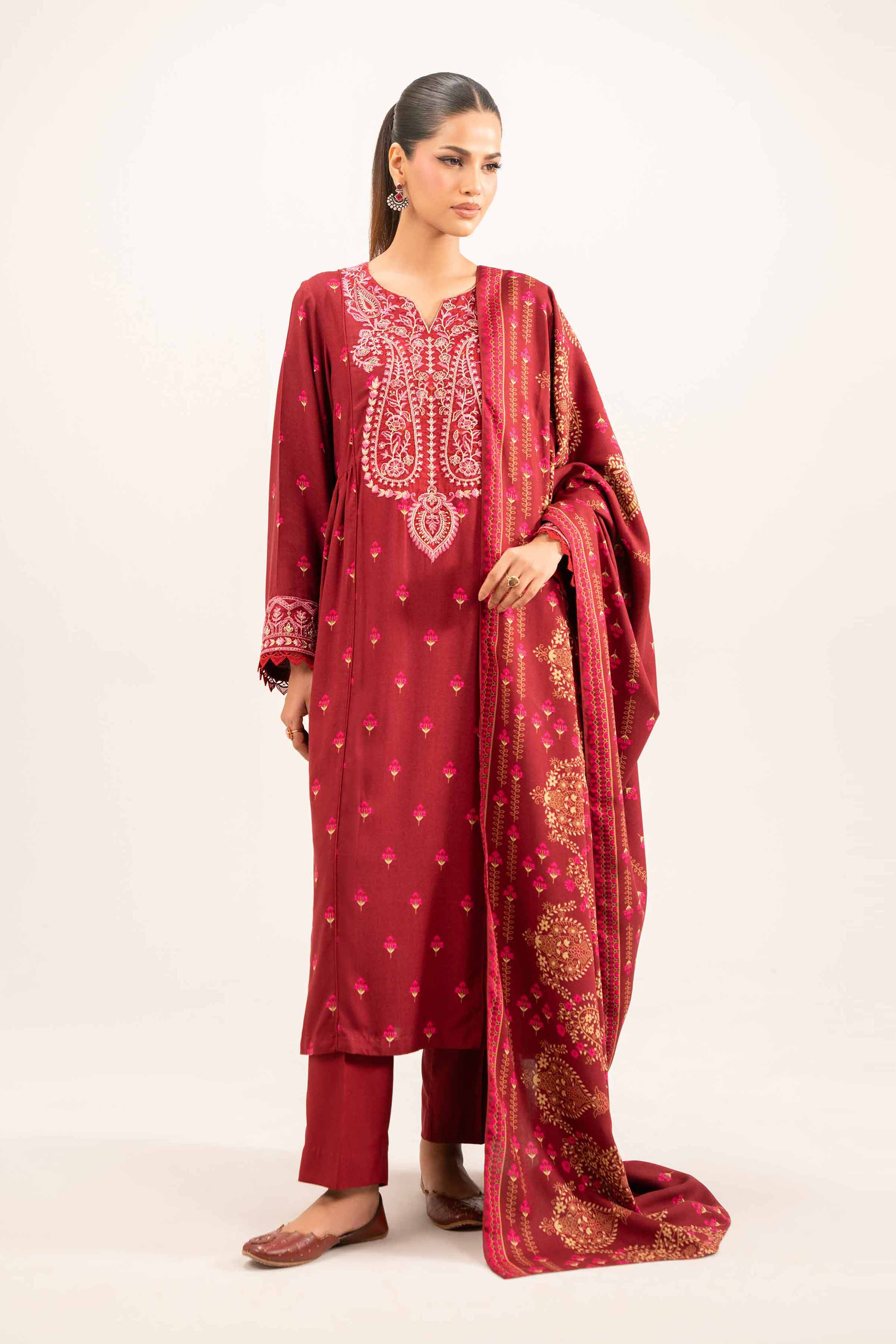 NISHATUAE - Maroon Embroidered Linen 3-piece Unstitched Suit