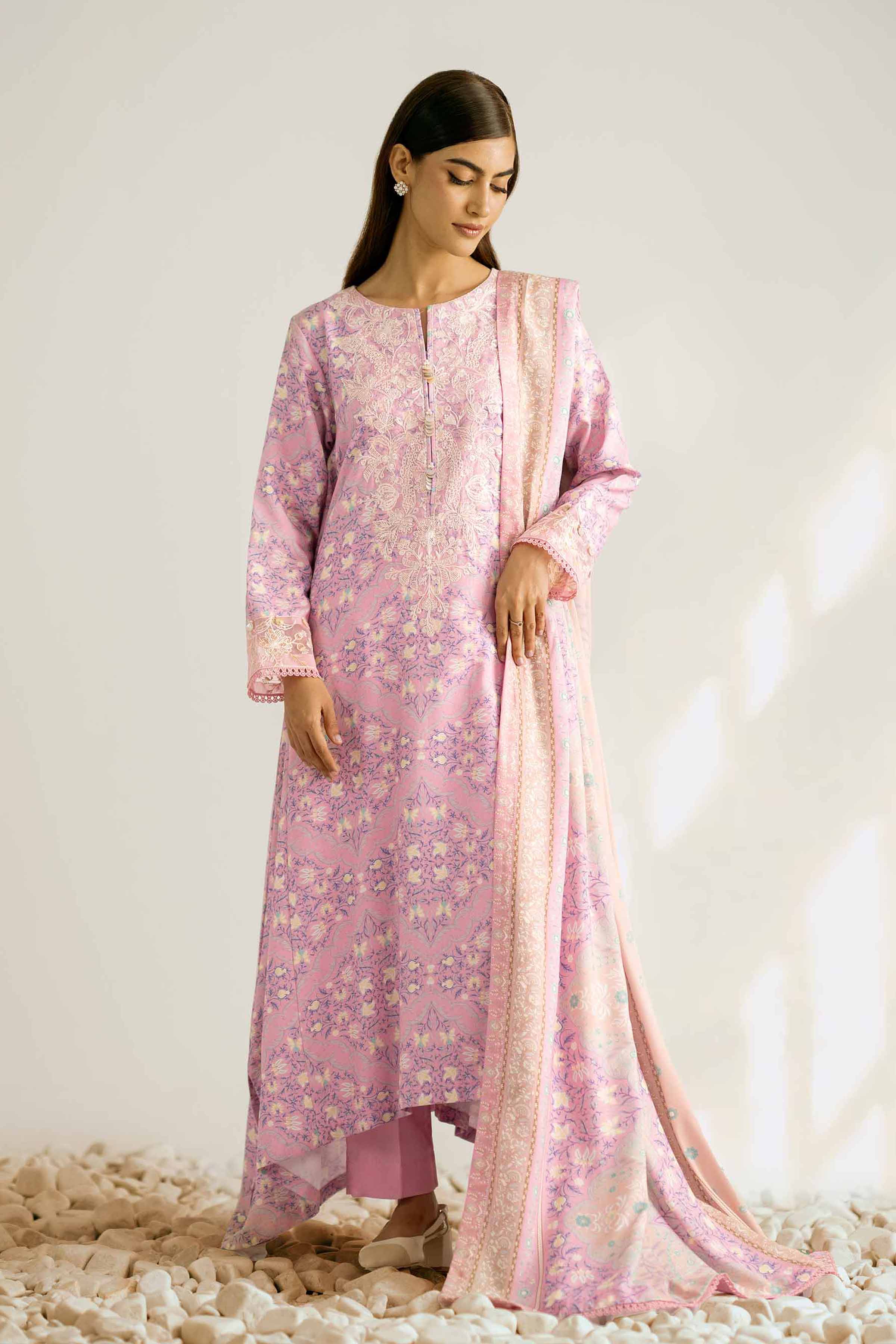 NISHATUAE - Pink Embroidered Linen 3-piece Unstitched Suit