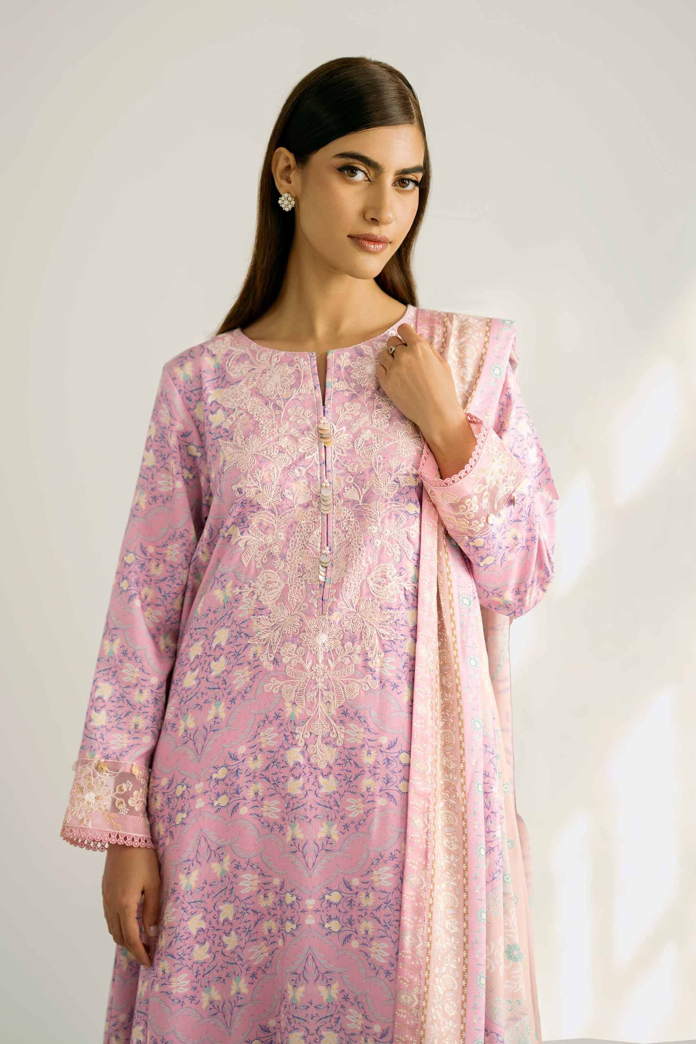 NISHATUAE - Pink Embroidered Linen 3-piece Unstitched Suit