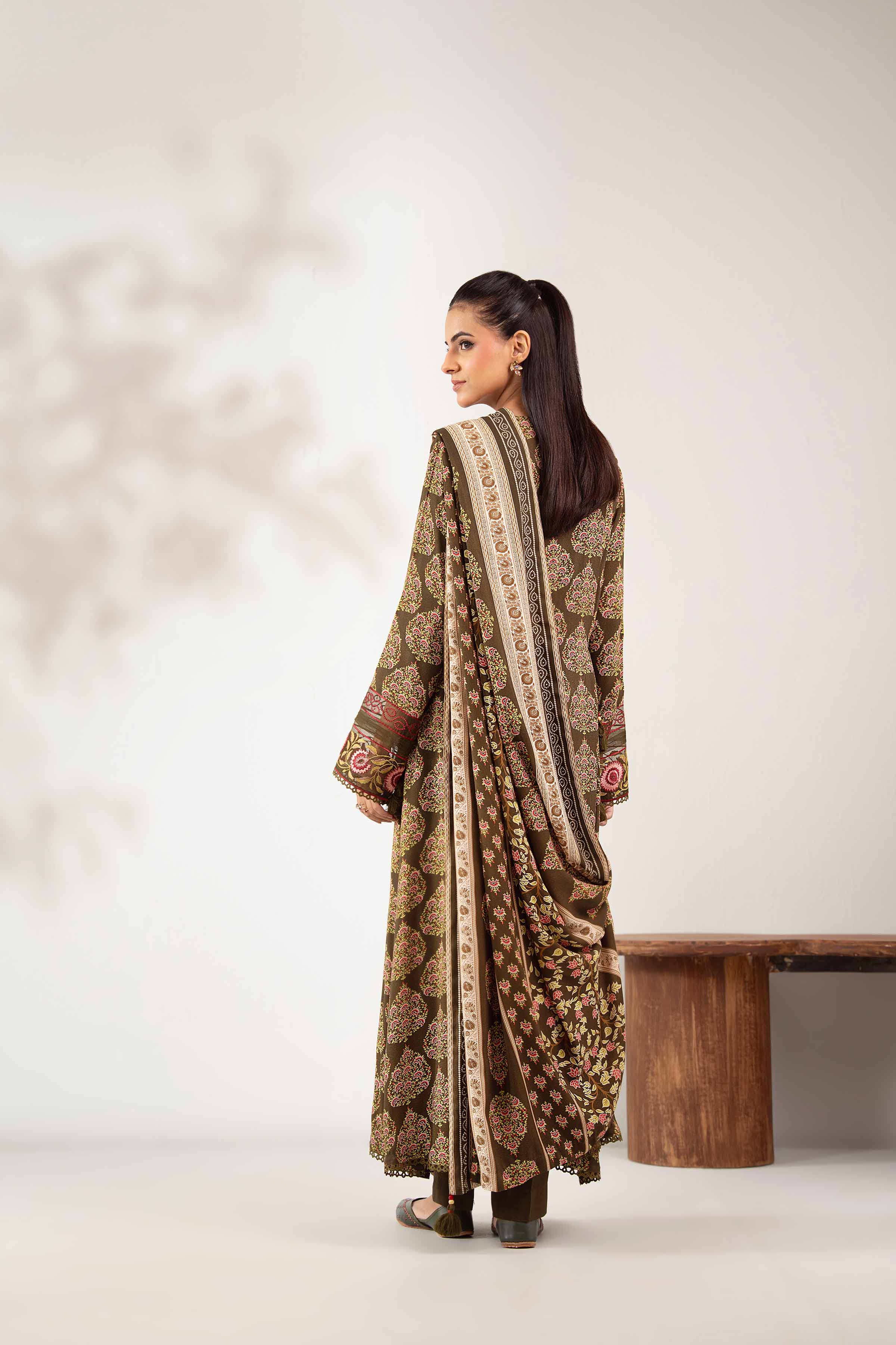 NISHATUAE - Brown Embroidered Linen 3-piece Unstitched Suit