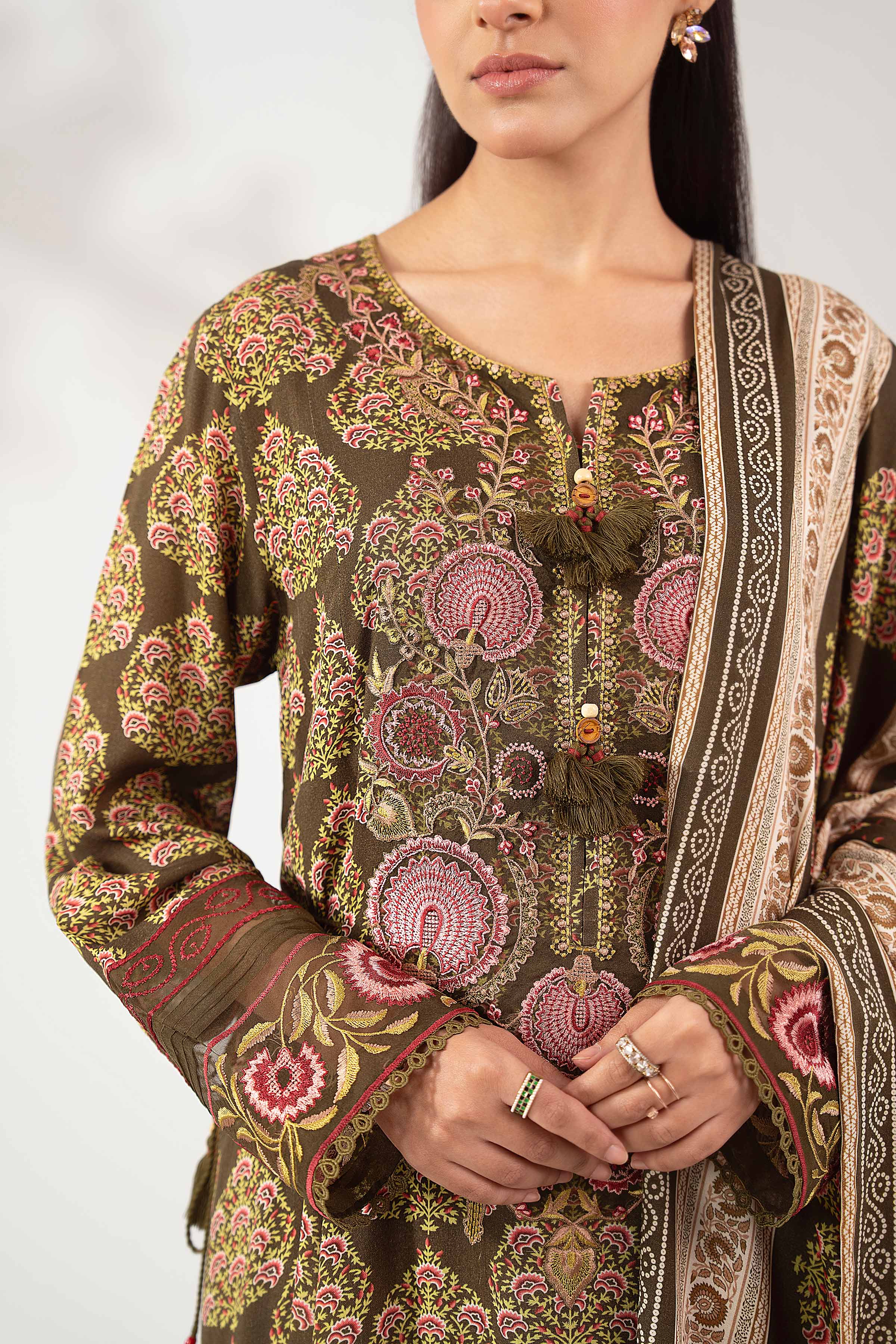 NISHATUAE - Brown Embroidered Linen 3-piece Unstitched Suit