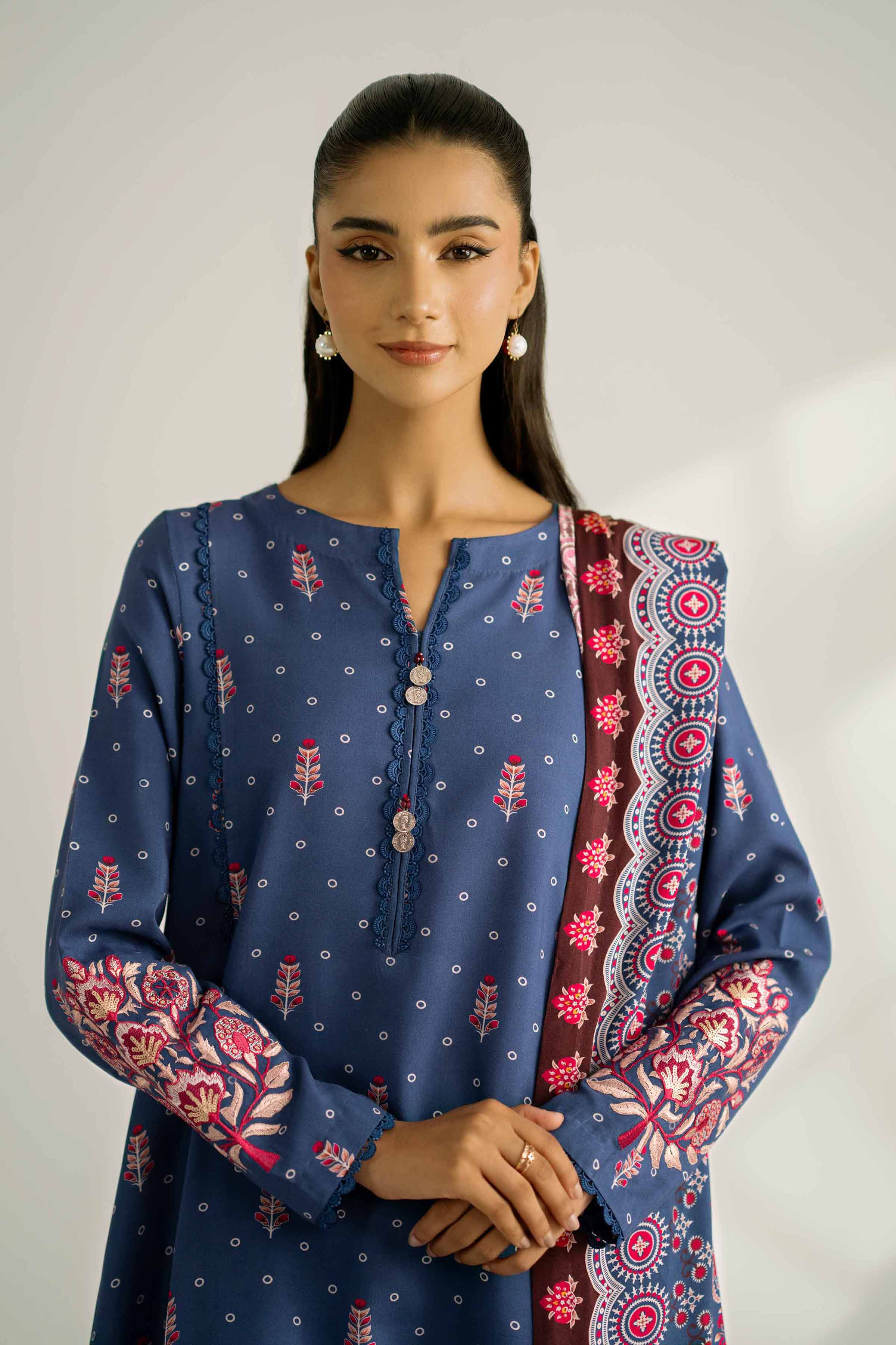 NISHATUAE - Blue Embroidered Linen 3-piece Unstitched Suit