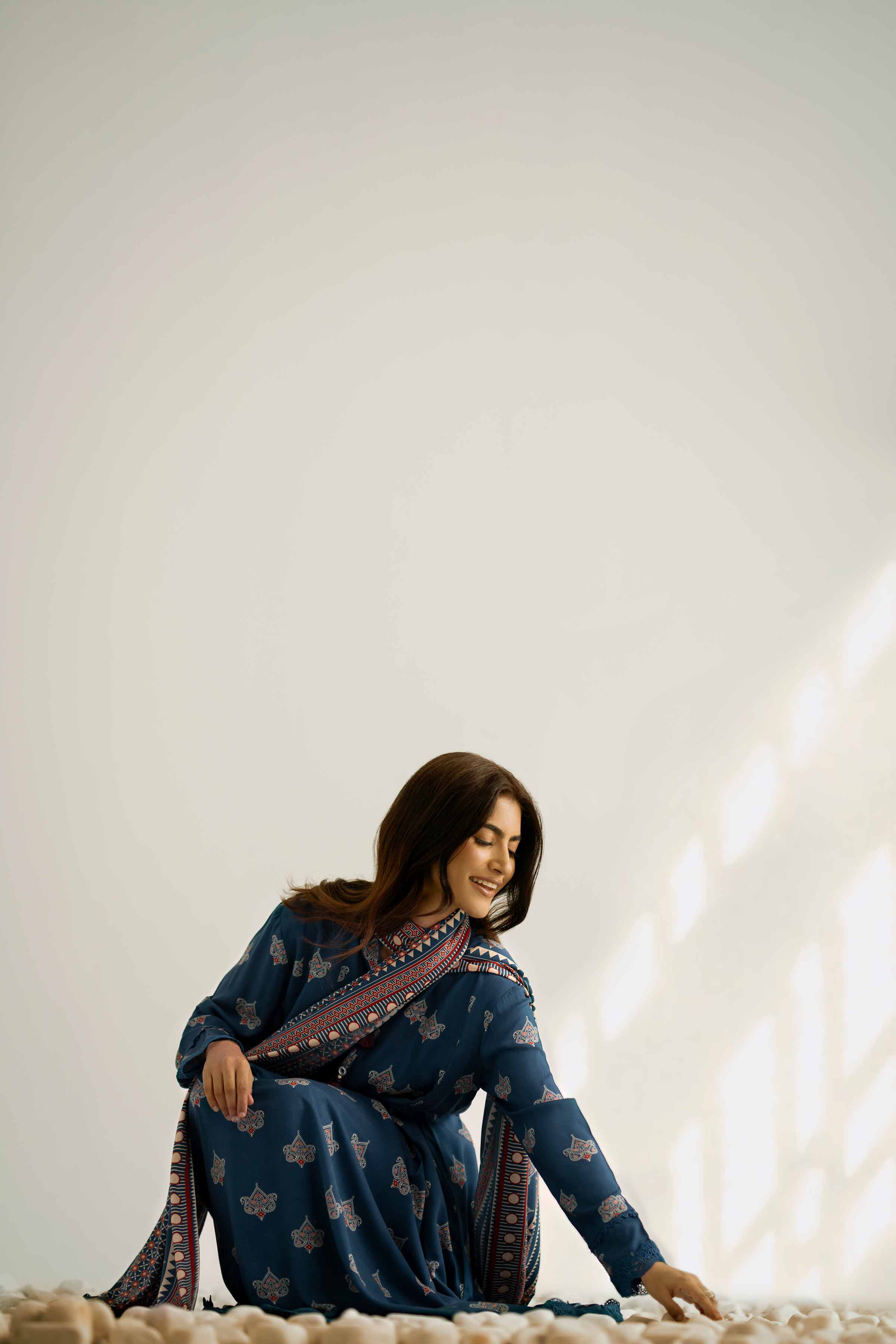 NISHATUAE - Blue Printed Linen 3-piece Unstitched Suit