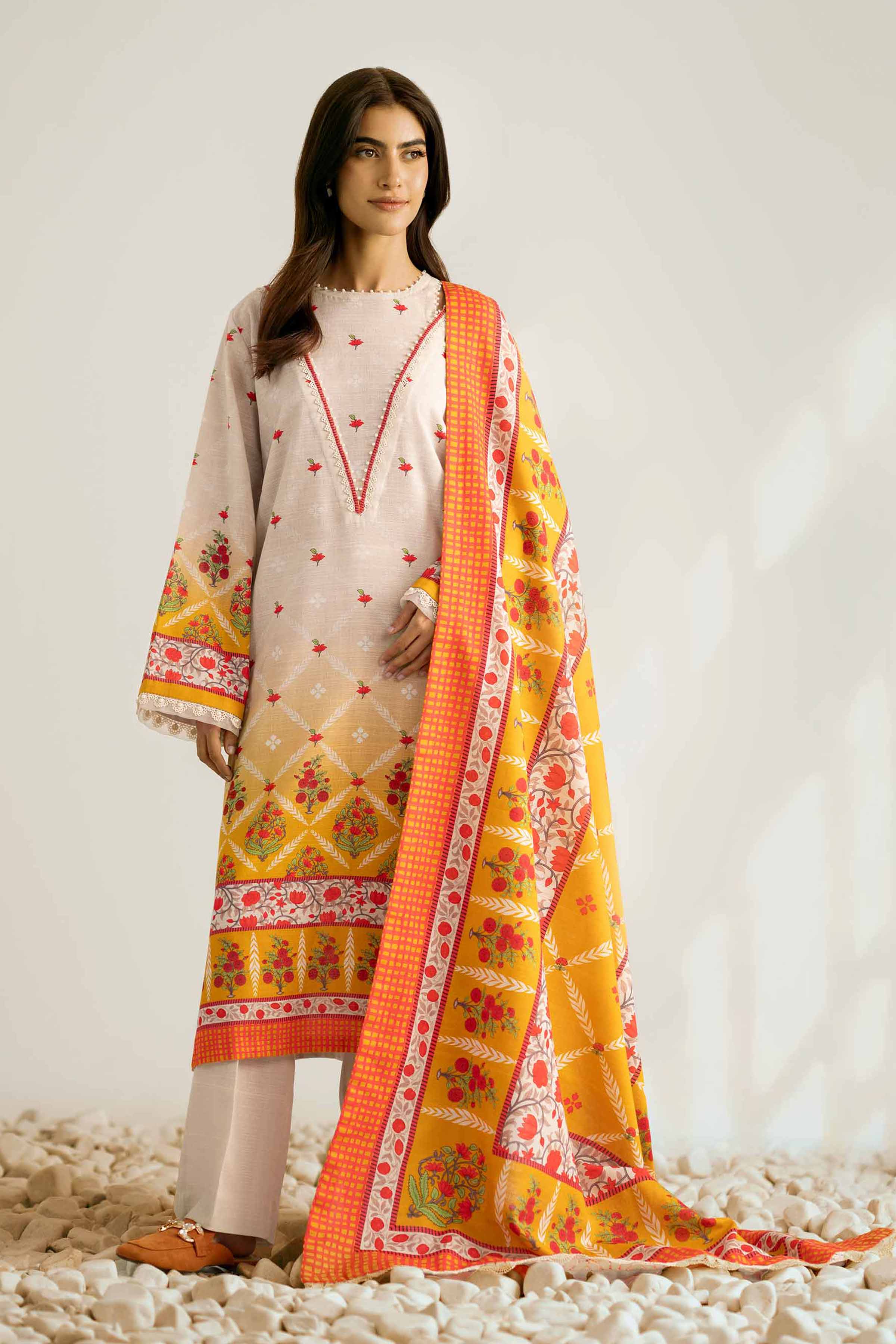 NISHATUAE - Beige Printed Khaddar 3-piece Unstitched Suit